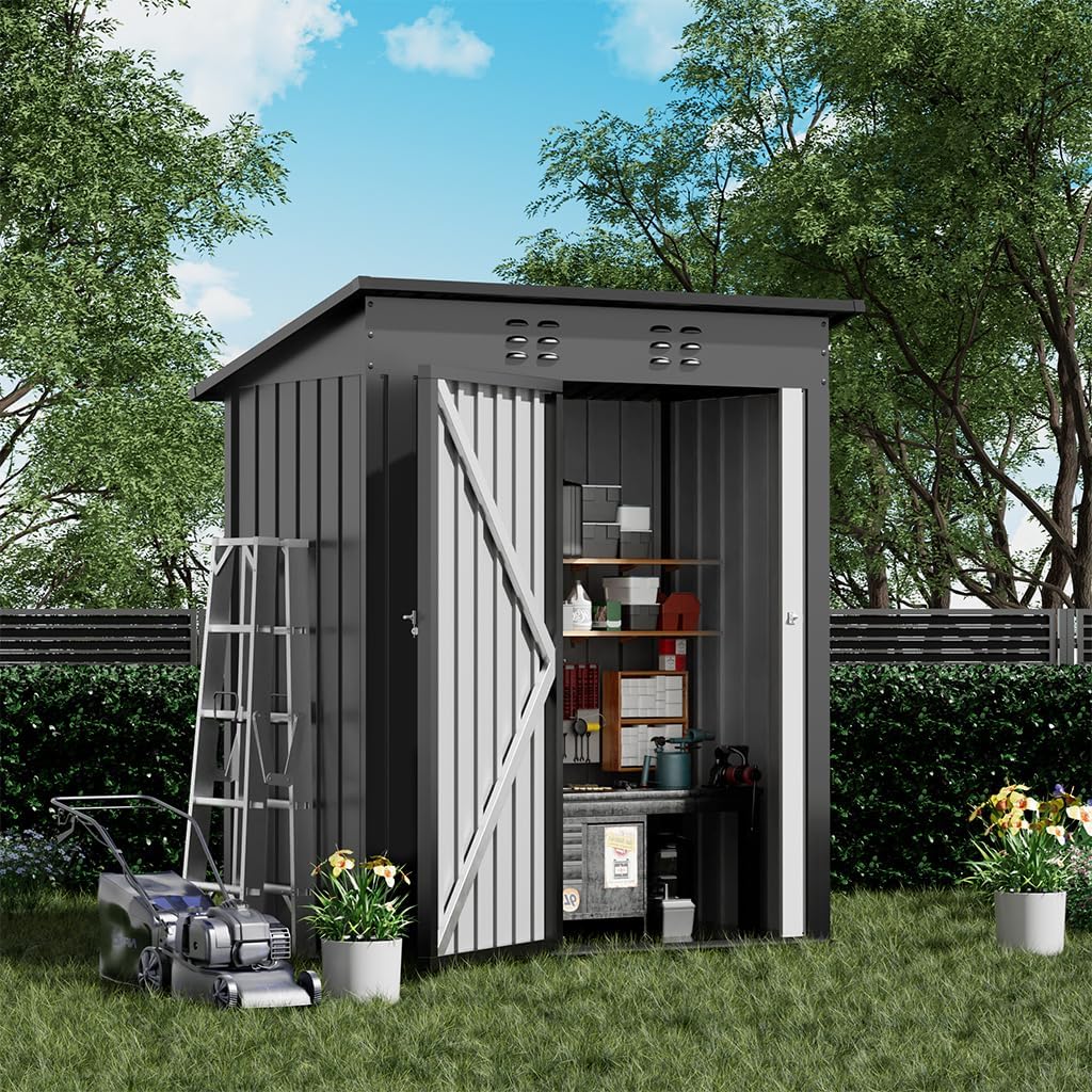 comhoma shed outdoor storage shed metal,lockable doors tool sheds with sloping roof,steel garden shed with air vent for backyard,patio,lawn,poolside(grey,5'*3') gray 5'*3'