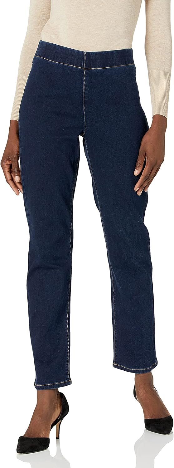 Kasper Women's Pull on Straight Leg Polsihed Denim Pant with Back Pocket Top Stitch Detail