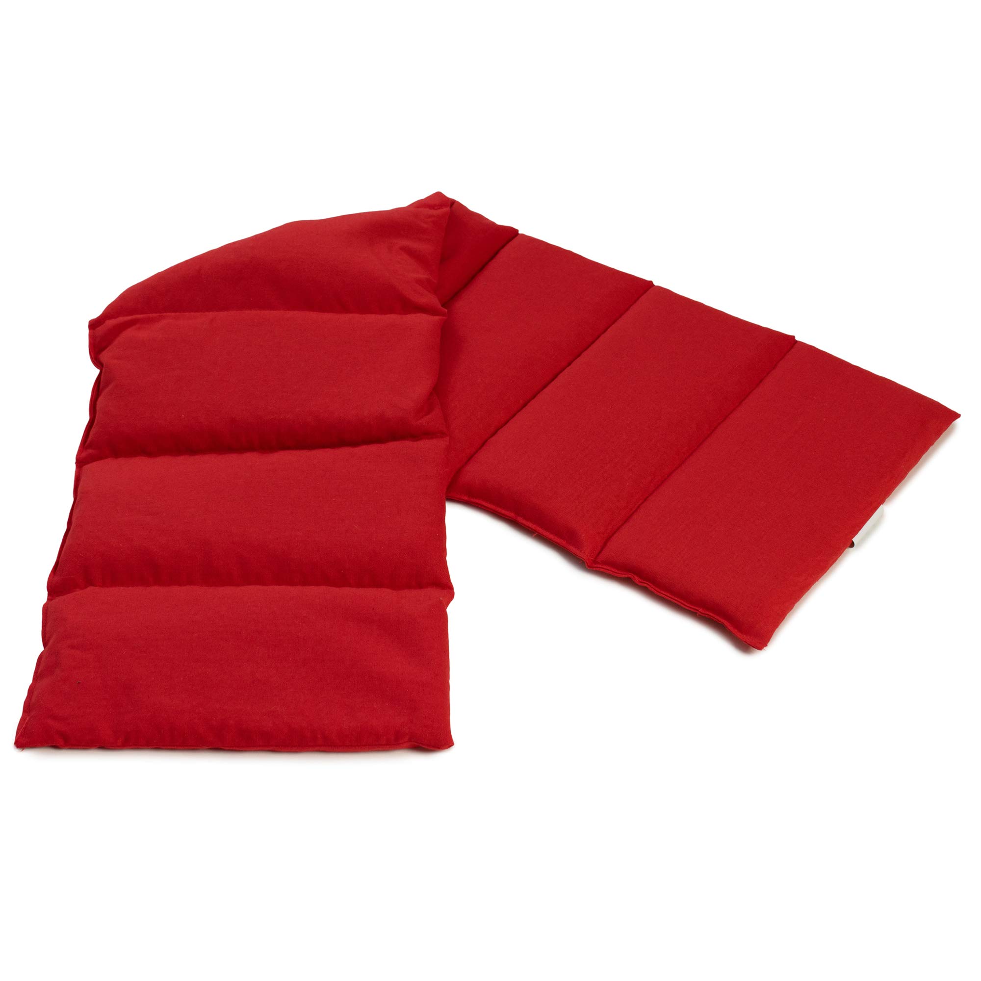 Cuscino termico - Cuscino con semi di lino, 75x20cm. Cuscino termico per la schiena, il ventre e molto altro. (Cotone Bio rosso, diviso en 8 compartimenti)