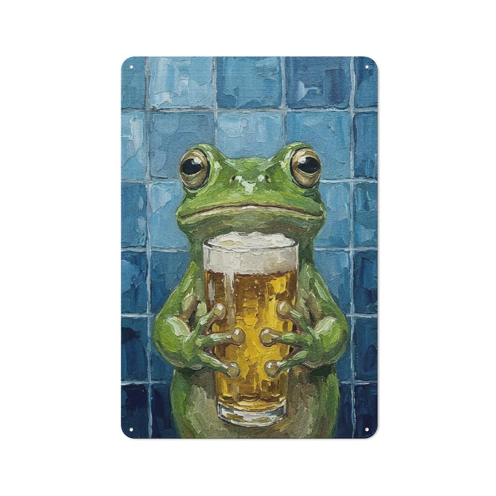 Country Style Frog Holding Beer Glass Painting Decorative Metal Sign 30x20cm, Bistro Wall Plaque for Restaurant, Kitchen, Counter Or Breakfast Nook