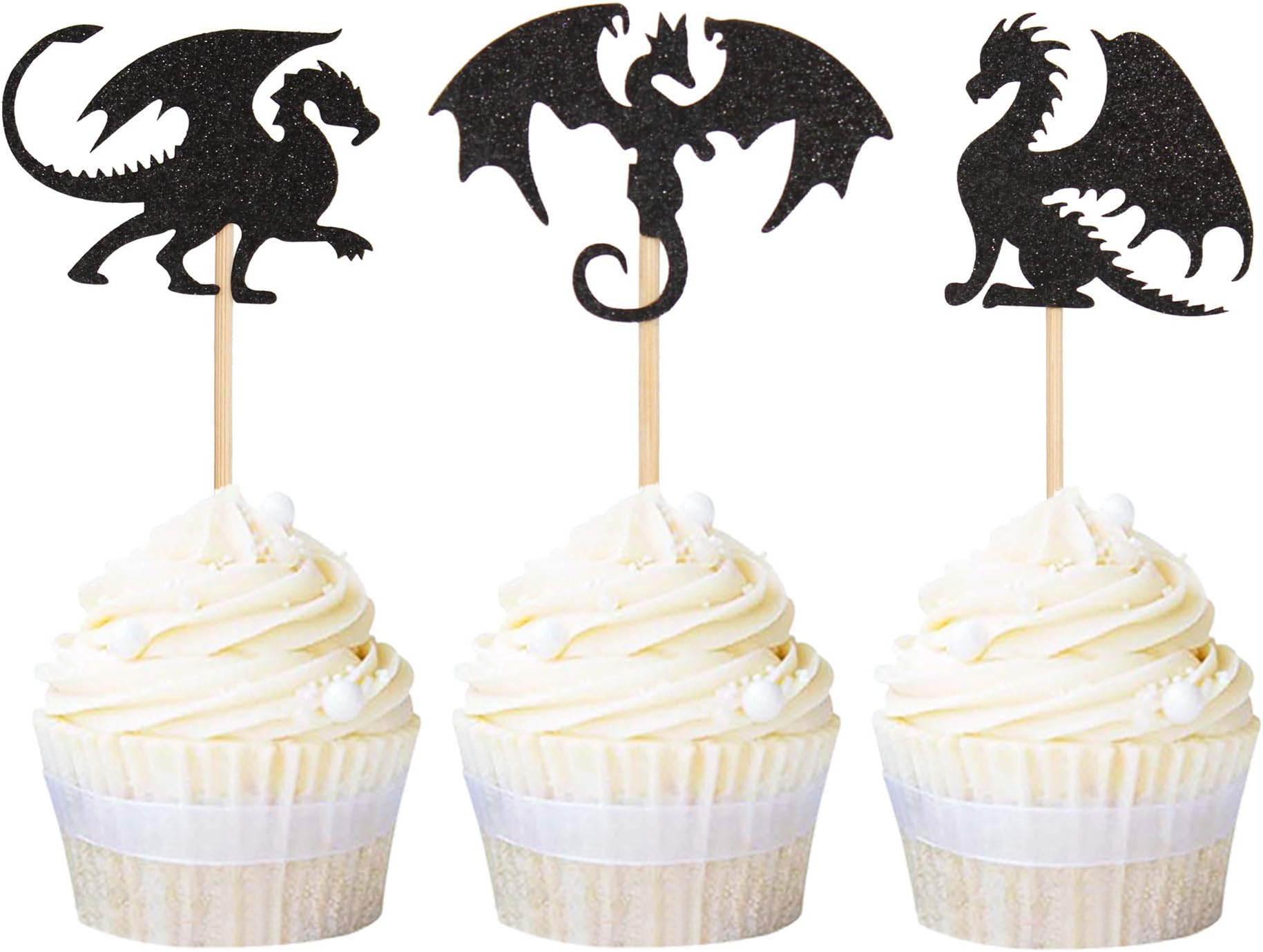 Ercadio 24 Pack Dragon Cupcake Toppers Black Glitter Dinosaur Cupcake Picks for Baby Shower Kids Birthday Party Decoration Supplies