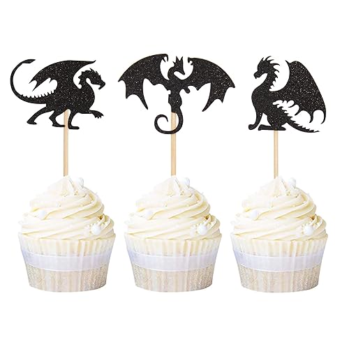 Ercadio Paquete de 24 adornos para cupcakes de dragón con purpurina negra de dinosaurio para baby shower, niños, suministros de decoración de fiesta