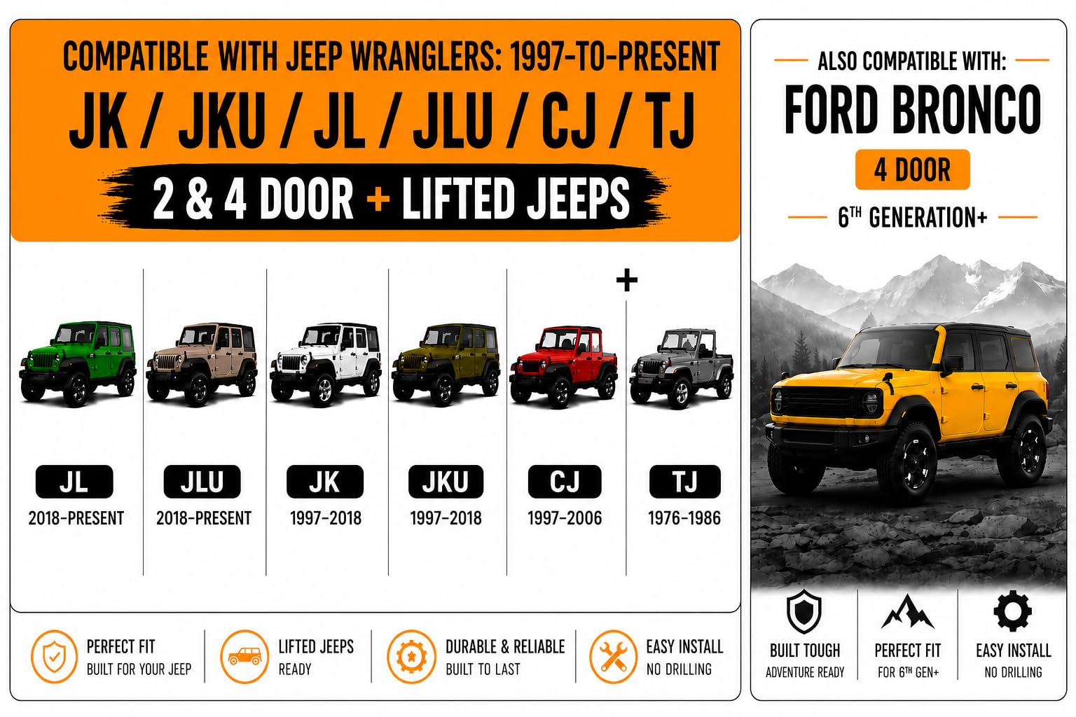 Levantamiento de techo duro para Jeep Wranglers: 2007 en adelante JK/JKU/JL/JLU + CJ, 2 y 4 puertas + Jeep elevados. Montaje rápido y fácil. Sistema para una persona. Desmontaje/instalación de techo