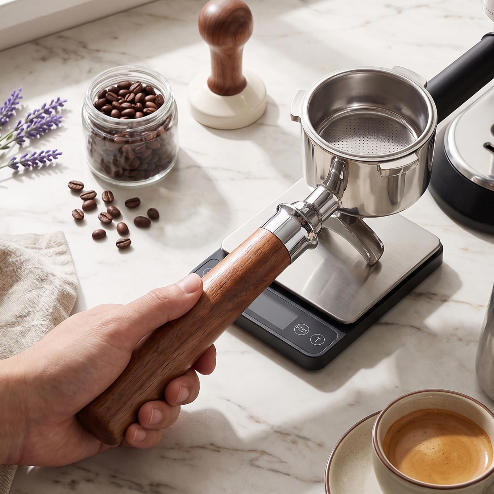TOPINCN Espressosiebträger 51mm Edelstahl, Walnussgriff, 3 Ohren, für Siebträgermaschinen (Doppelter Auslauf mit Bodens)