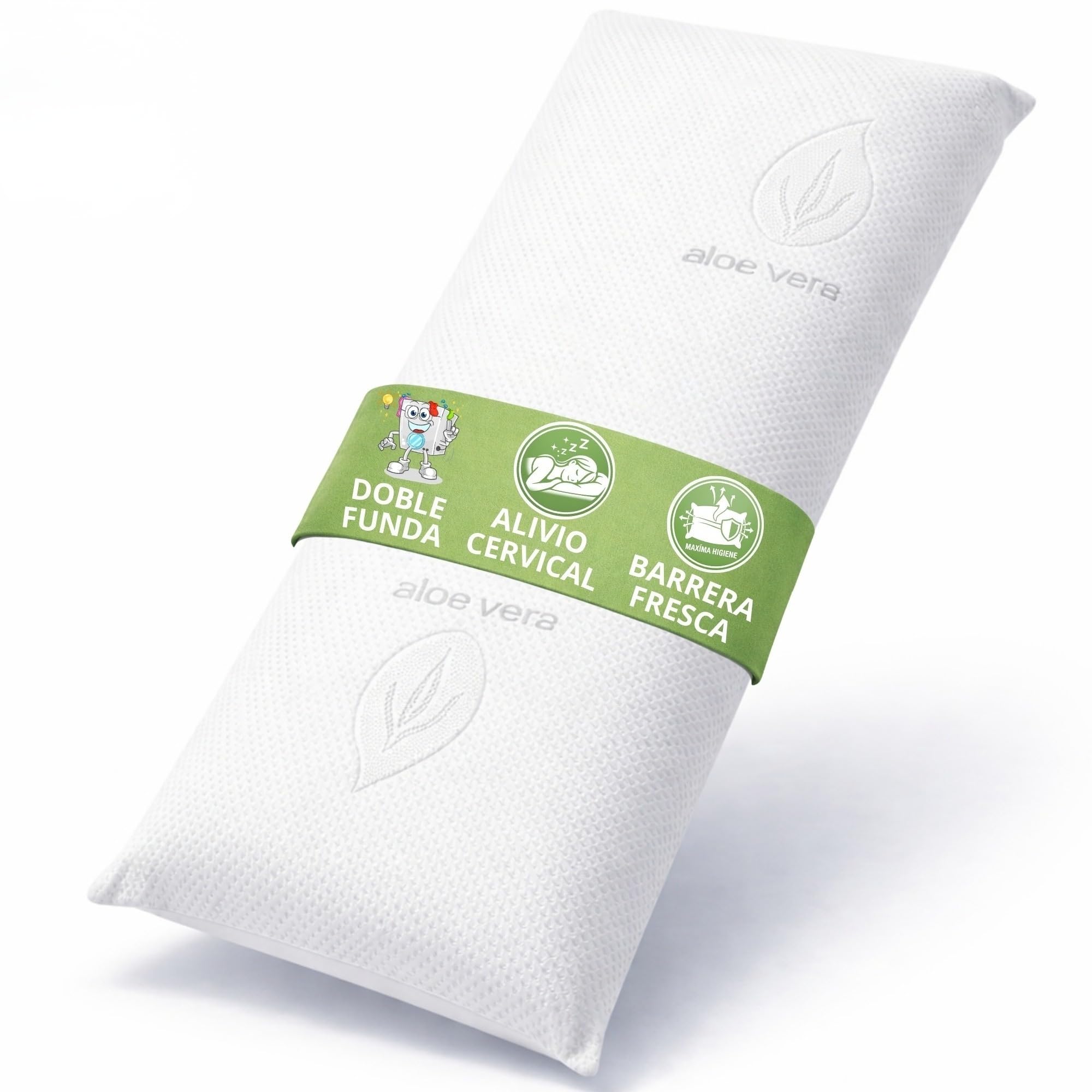 Almohada Viscoelástica 150cm Aloe Vera de Núcleo Compacto Indeformable – Almohada 150 Ergonómica de Alta Densidad para Dormir de Lado y Boca Arriba, Doble Funda Antialérgica Transpirable, OEKO-TEX
