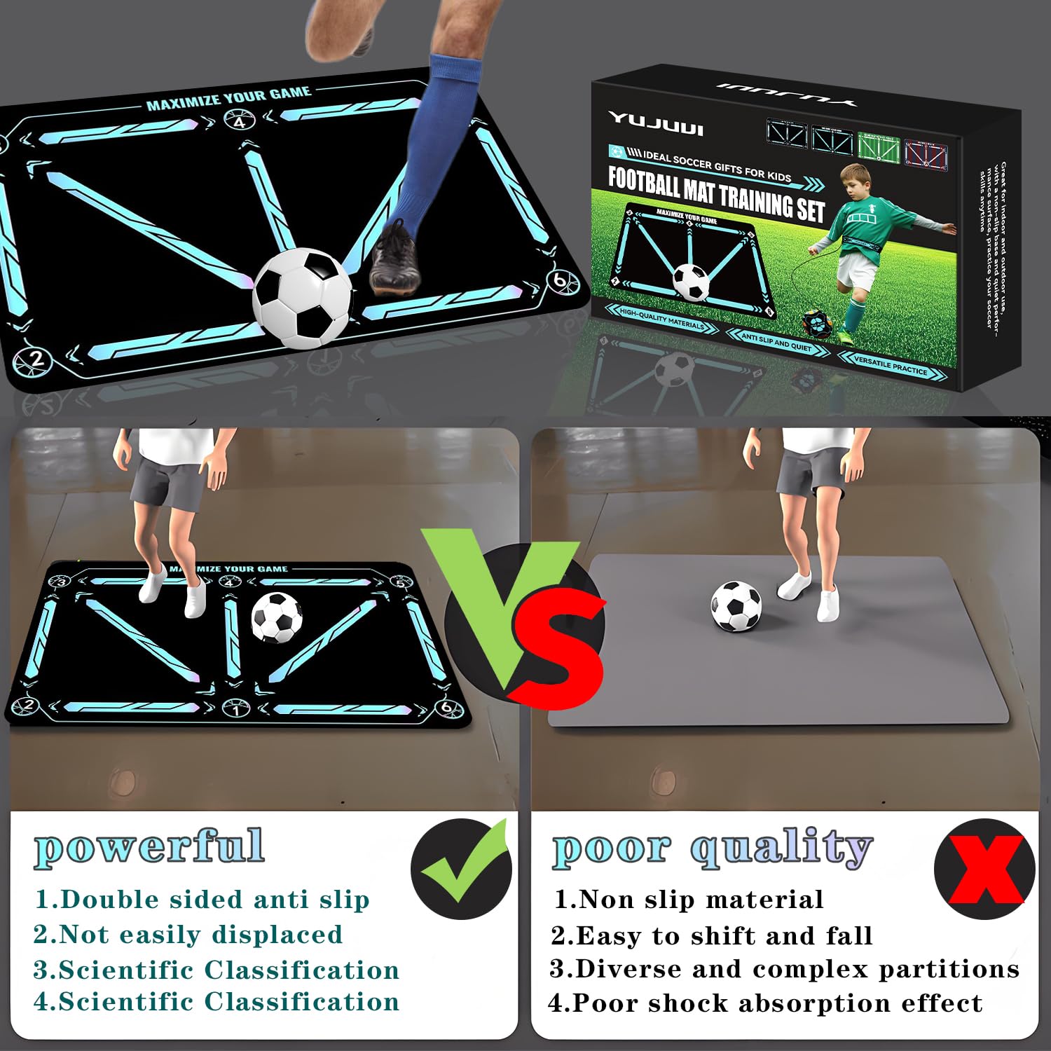 Fußballmatte Trainingsmatte Fussball Trainings set mit Fußball Trainingsset Schritt Trainingsmattem rutschfeste Fußball Schritt Trainingsmatte 60x90 cm Stoßdämpfende Fussball