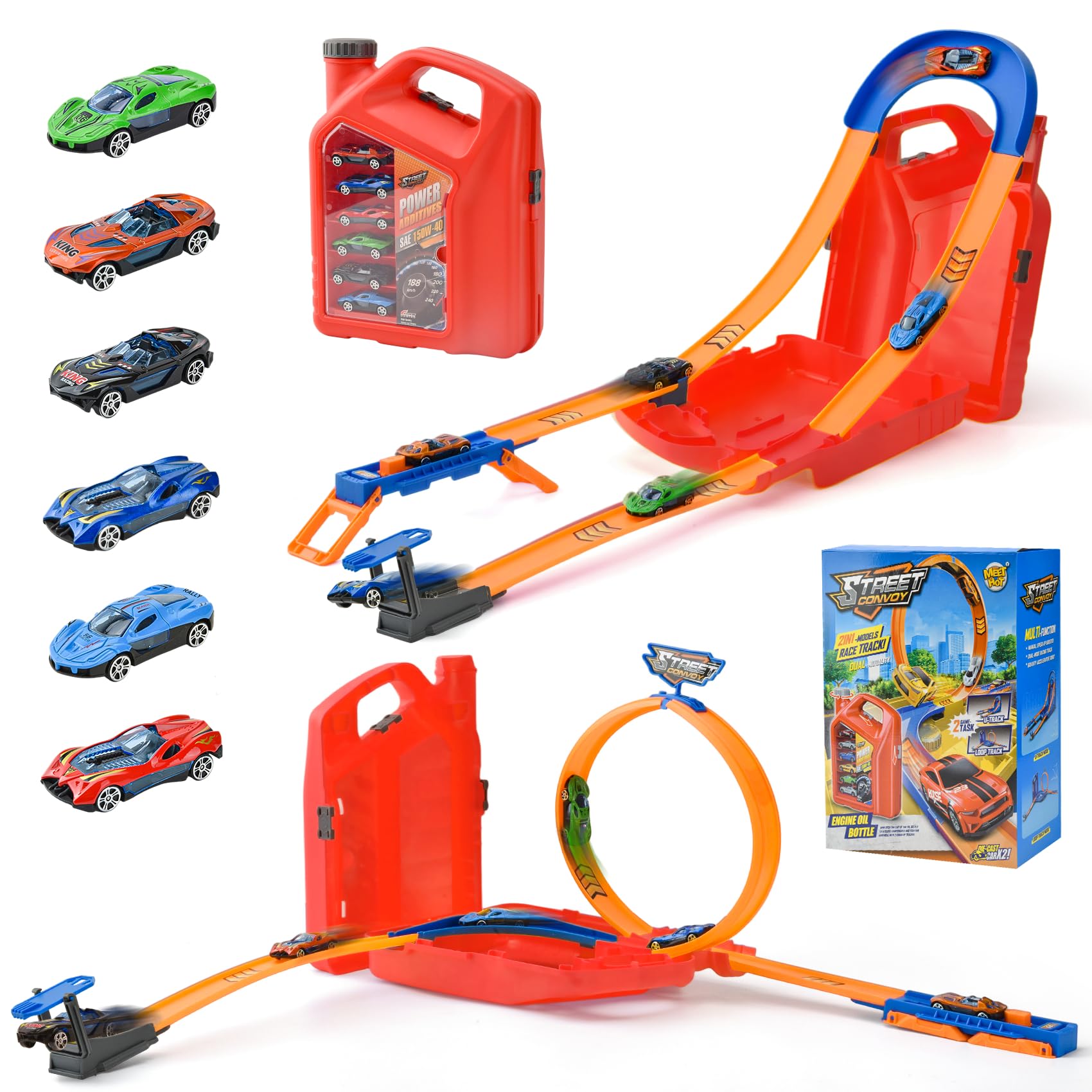 Pista de Coches para Niños,Juguete Pistas Portátil con 6 Vehículos+Circuito con Giro Vertical y U-Track,2 en 1 Portátil,Track Builder Caja Lata de Gasolina,Juguete Niños 3-8 Años (Rojo)
