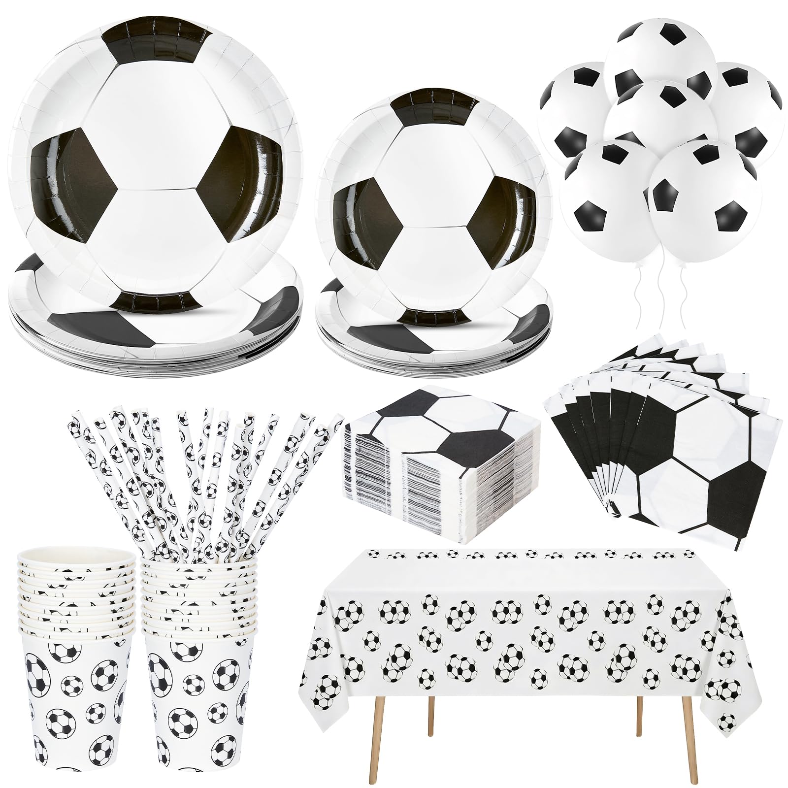 131PCS Football Party Tableware Set - 20 Guest Premium Paper Plates (9” & 7”), Cups, football balloons,Napkins & Straws & Football Print Tablecloth- Complete World Cup, Sports Theme Birthday Party Dec