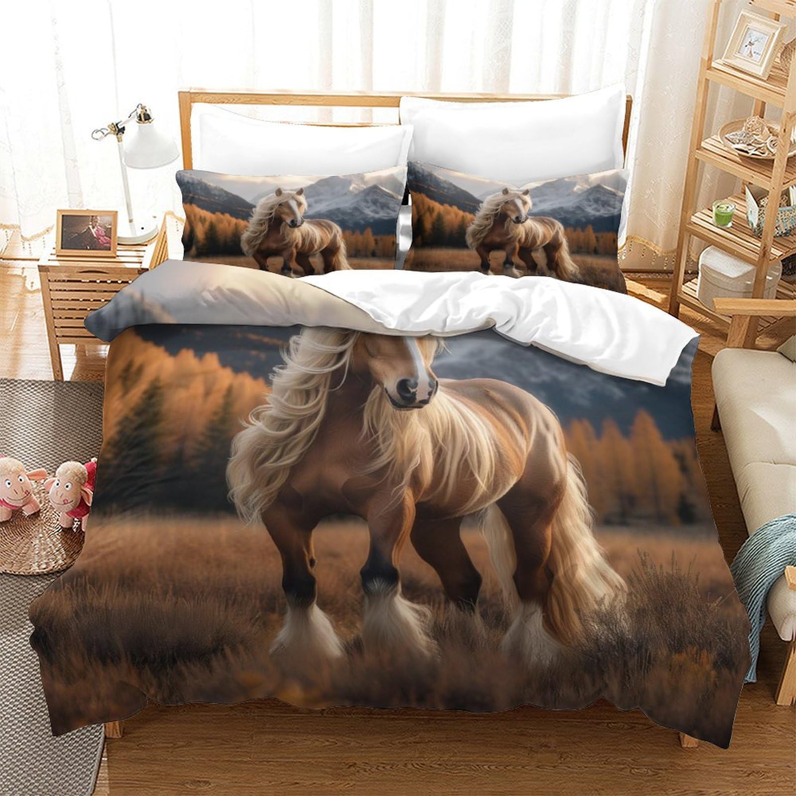 P1S9U7W5Y 3D Printed Wild Horse Duvet Cover Set 3pcs Soft Microfiber Mountain Animal Bedding Set Single（140x200cm）