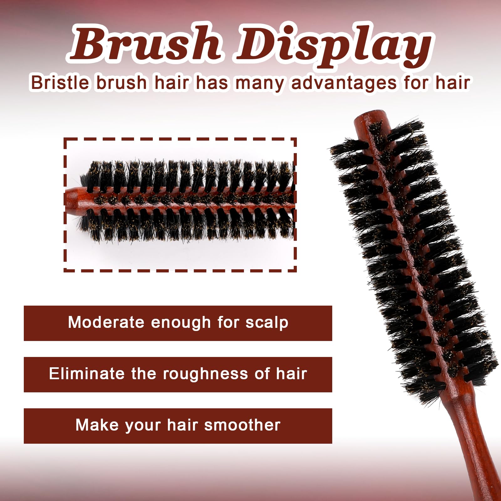 Small Round Hair Brush, Portable Natural Boar Bristle Hairbrush with Wood Handle Mini Bangs Travel Roll Circular Brush - Image 4