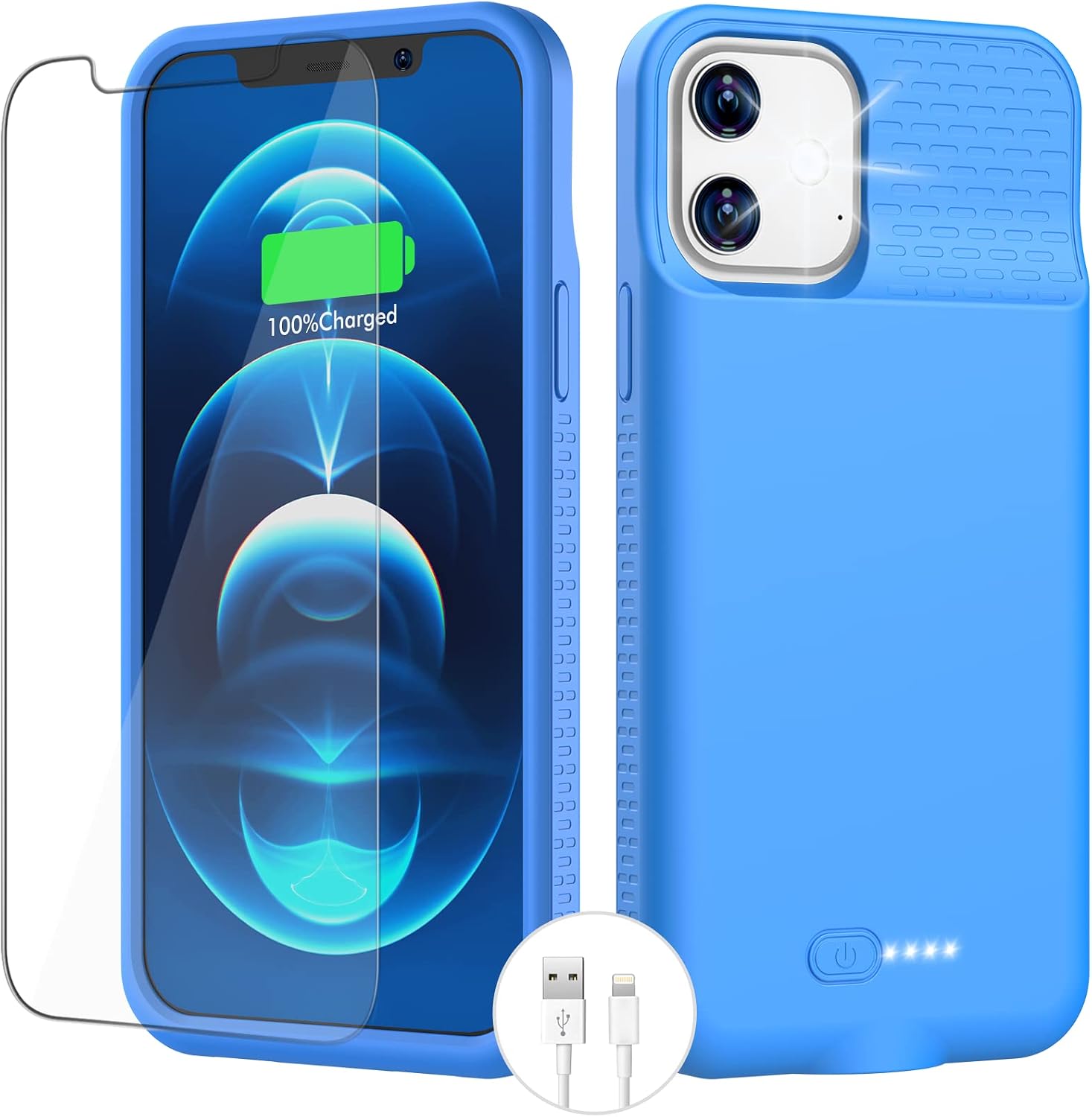 GBVHDR Battery Case for iPhone 12/12 Pro, Real 7000mAh Rechargeable Ultra-Slim Charging Case with 1x Screen Protector & 1x Cable for iPhone 12/12 Pro Extended Battery Pack(6.1 inch) Blue