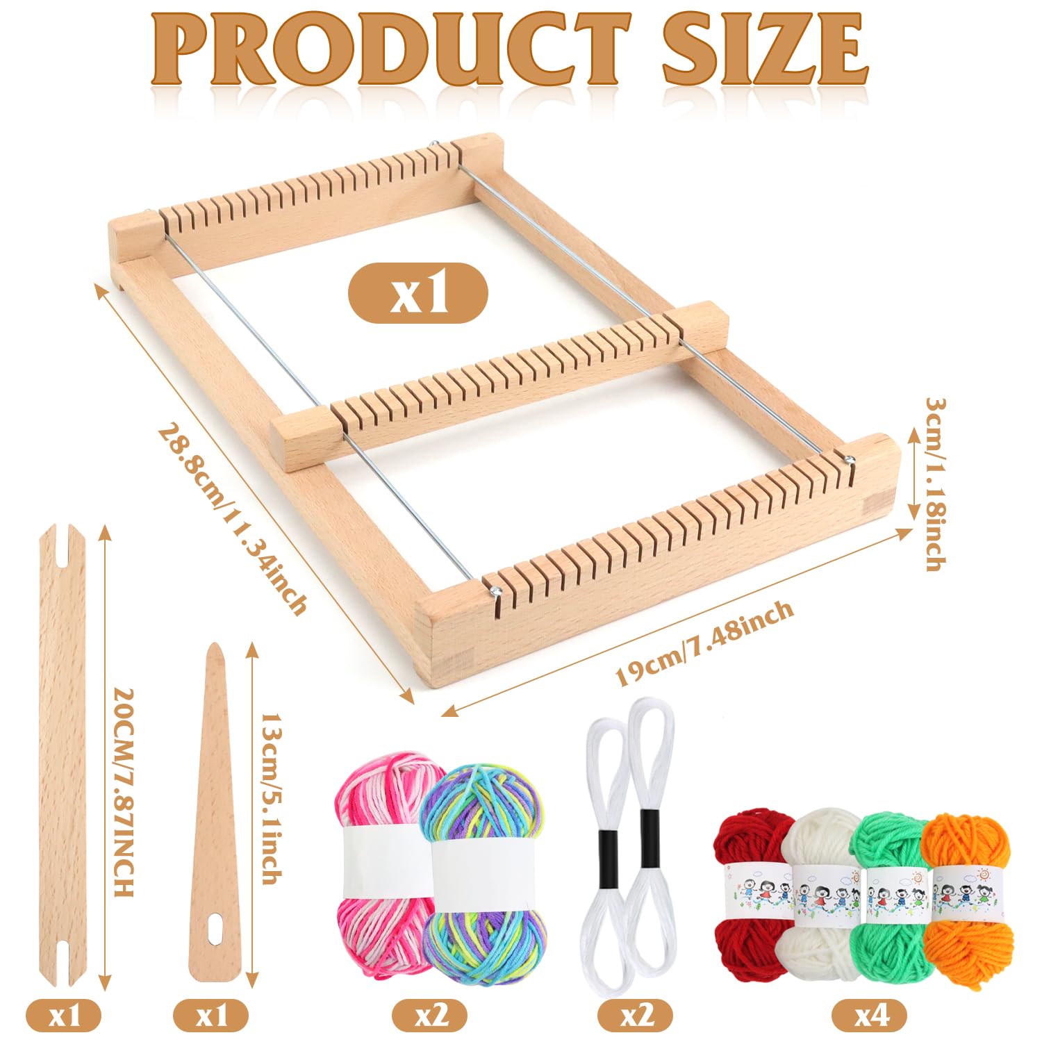 Qcdou Telaio per Bambini, Telaio per Tessitura in Legno Set, con Lana Colorata, Bastoncino per Tessitura, Pettine, Ago per Tessitura in Legno, 19 x 29 cm Cornice per Maglia, per Bambini Principianti