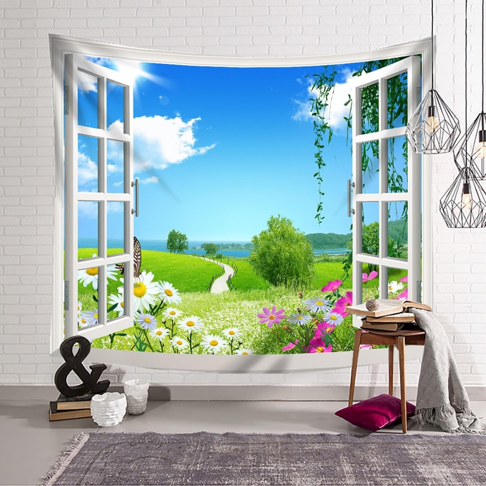 Wycian - Tapicería de pared, papel pintado, color verde liso, papel pintado, diseño panorámico, color blanco, azul, ventana, paisaje natural, 350 x 256 cm