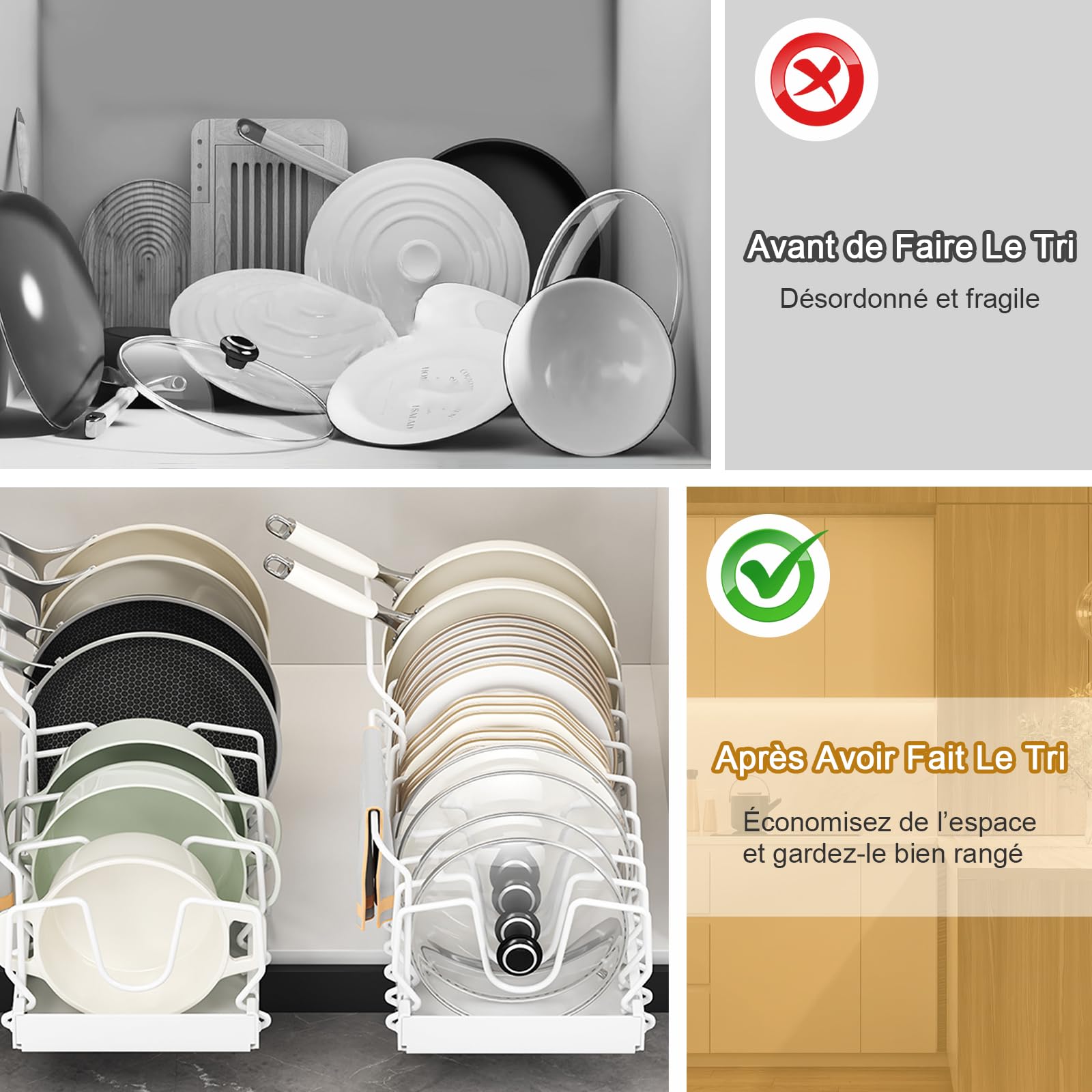 Ensemble de 2 casseroles et poêles Organisateur avec 2 Supports de poignée, Organisateur de Couvercle Coulissant avec 10 séparateurs de Couvercle réglables (Blanc)