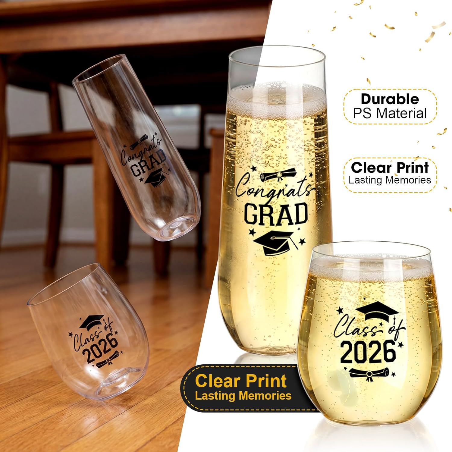 Remerry 36 Pack Graduation Stemless Plastic Wine Glasses 9 oz & 12 oz Class of 2026 Disposable Champagne Flutes Cups Heavy Duty Shatterproof Toasting Cocktail Glasses for Graduation Parties, Bars