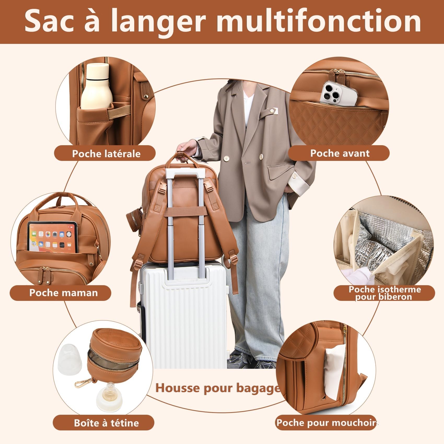 Sac à langer bébé, Sac à langer à dos portable, grande capacité, cuir déperlant, tapis à langer inclus, pare-soleil, porte tétine, sangles intégrées poussette