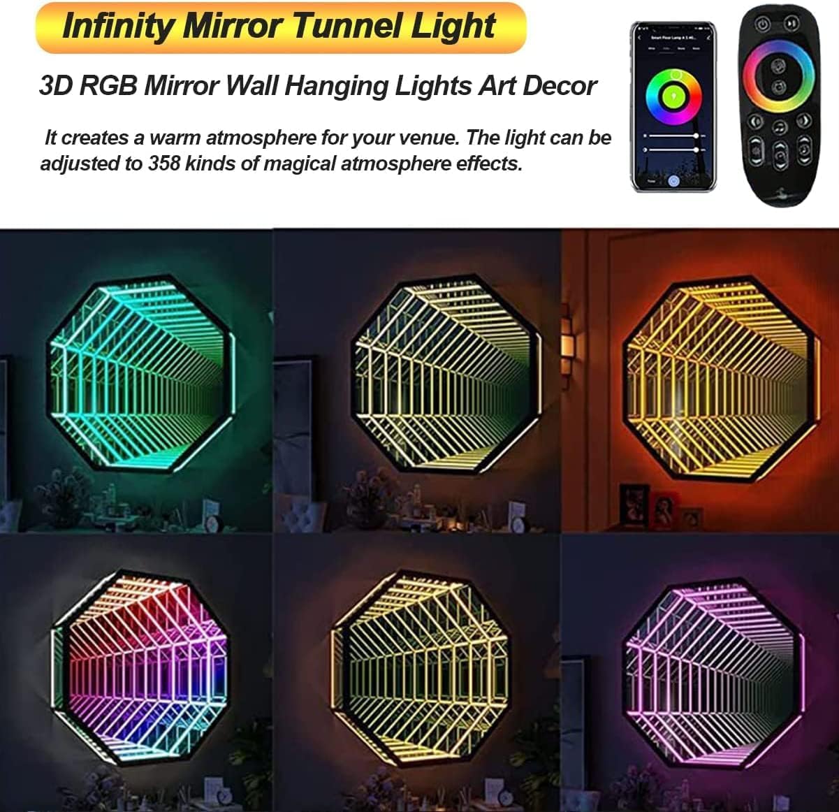 Lustro tunelowe nieskończoność lampa ścienna, kolorowe RGB artystyczne światło ścienne, wyjątkowa dekoracja stołu do gier, garażu, pokoju sensorycznego, średnica 50 cm