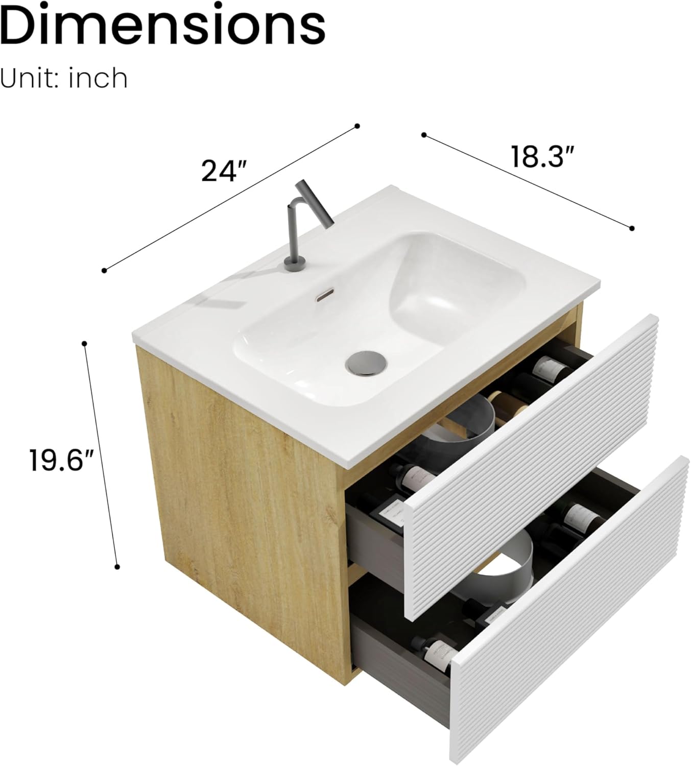24″ Natural Wood & White Floating Bathroom Vanity with Sink, Modern Bathroom Cabinet with Soft Close & Large Storage Drawers, for Small Space, Apartment, Hotel, Fully Assembled