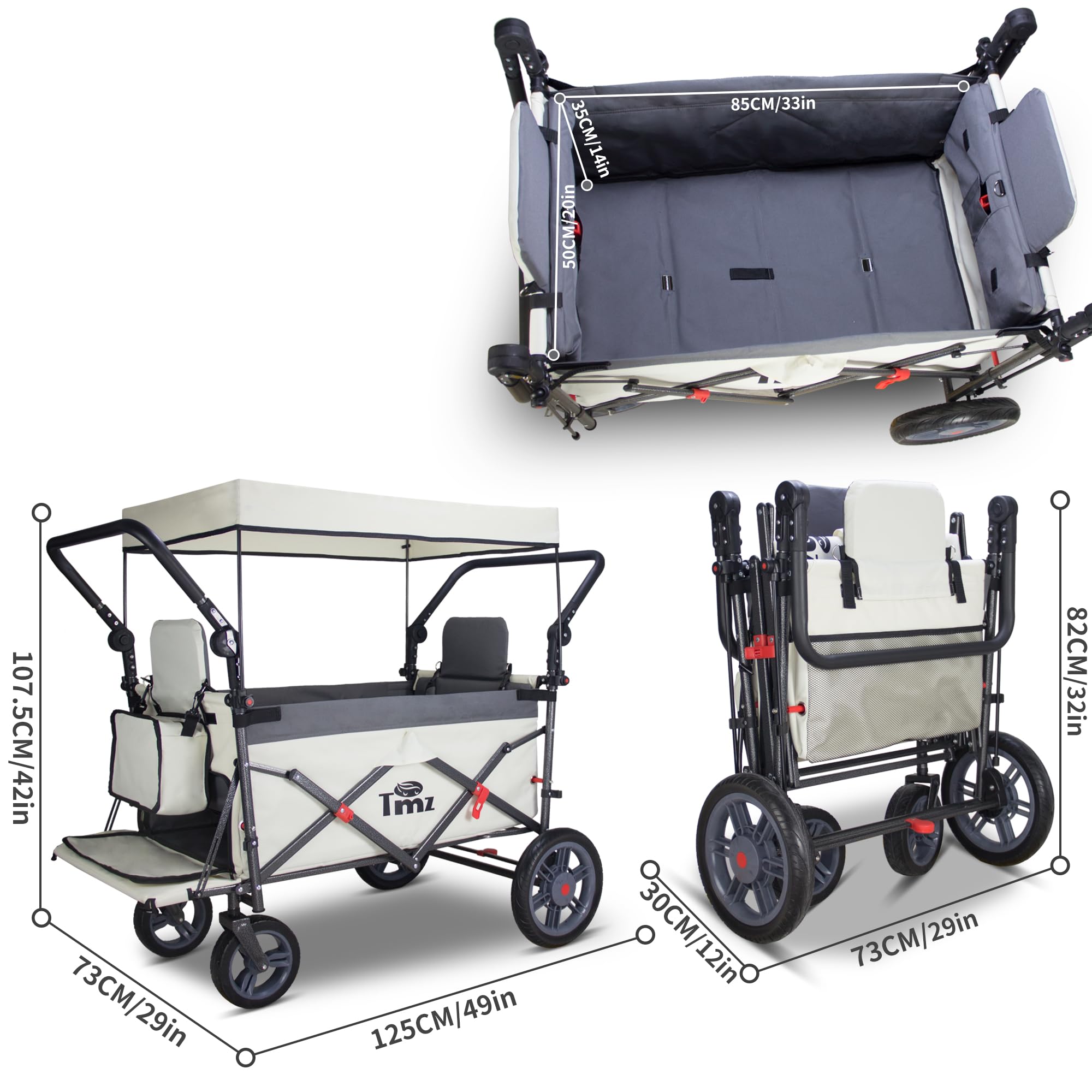 TMZ Collapsible Wagon with 2 Foldable Seats, Folding Wagon with Canopy, Multi Functional Cart with Adjustable Handle Bar, Front Expandable for Transport Camping (Grey/Beige) : Patio, Lawn & Garden