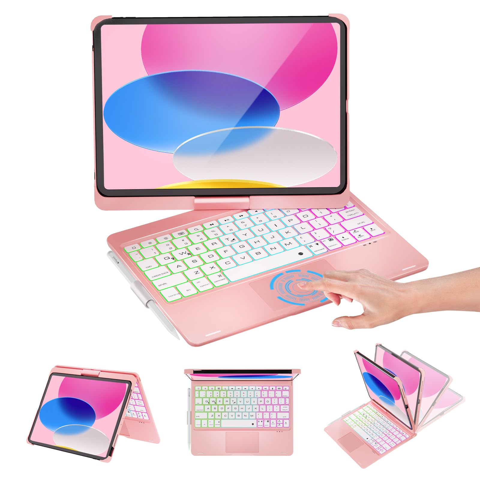 Baisla iPad 10th Generation Case with Keyboard 10.9"& iPad 11th(A16) & iPad Air 11 (M3/M2), Multi Trackpad, 360 Swivel & Rainbow Backlit for iPad Air 5th/4th,iPad Pro 11 4th/3rd/2nd/1st-Metallic Pink