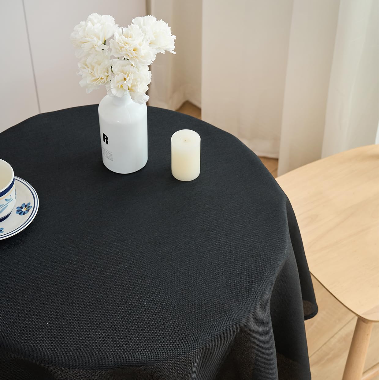 SPRICA Round Tablecloth 120cm Diameter Water Resistant Linen Texture Spill Proof Table Cover Solid Colour Circle Cover, Black - Image 3