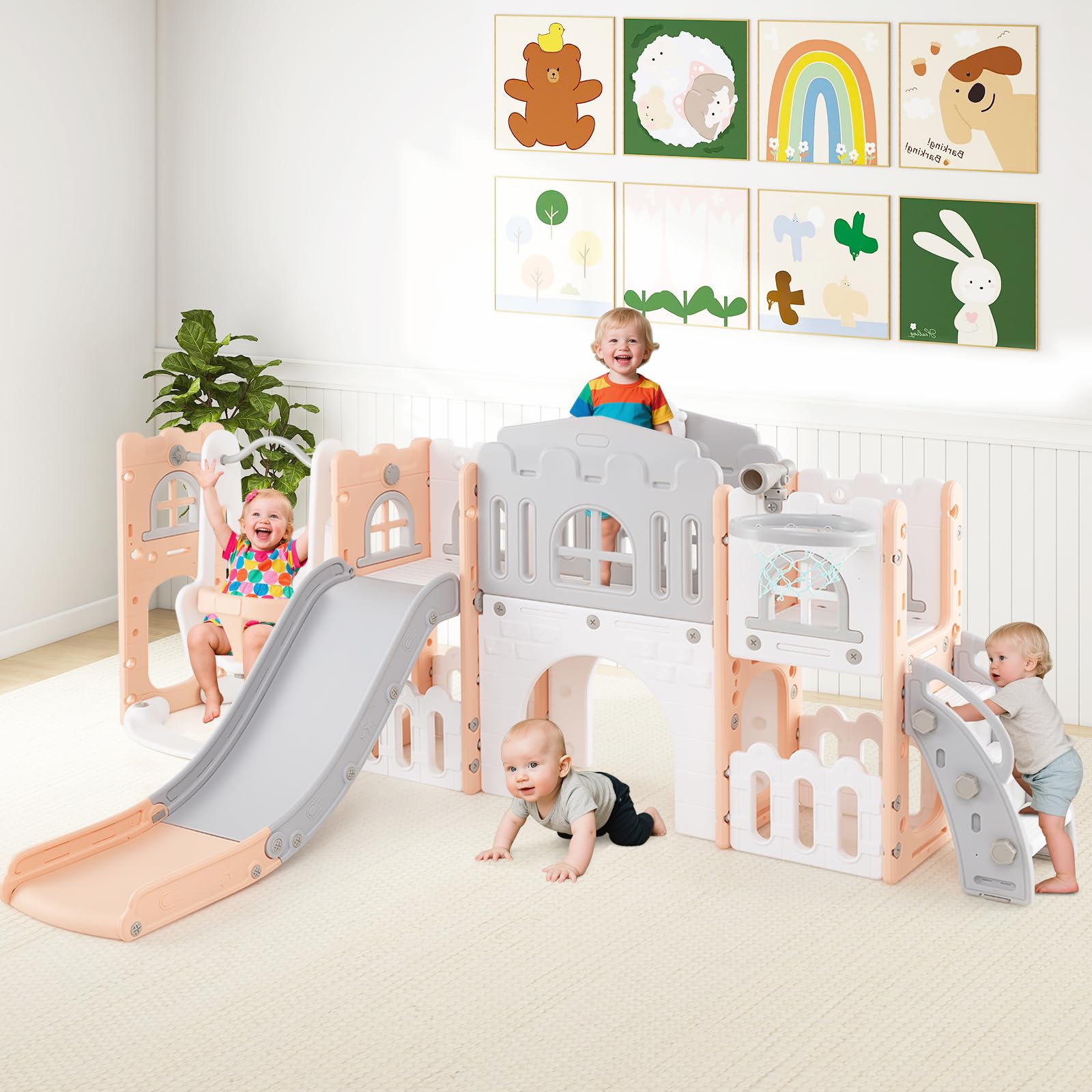 COSTWAY 10 en 1 Toboggan Enfant Pliable en HDPE avec Balançoire & Panier de Basketball, Aire de Jeux Intérieure avec Télescope & Volant & Échelle, Espace de Rangement pour Tout-Petits de 1 an+ (Rose)