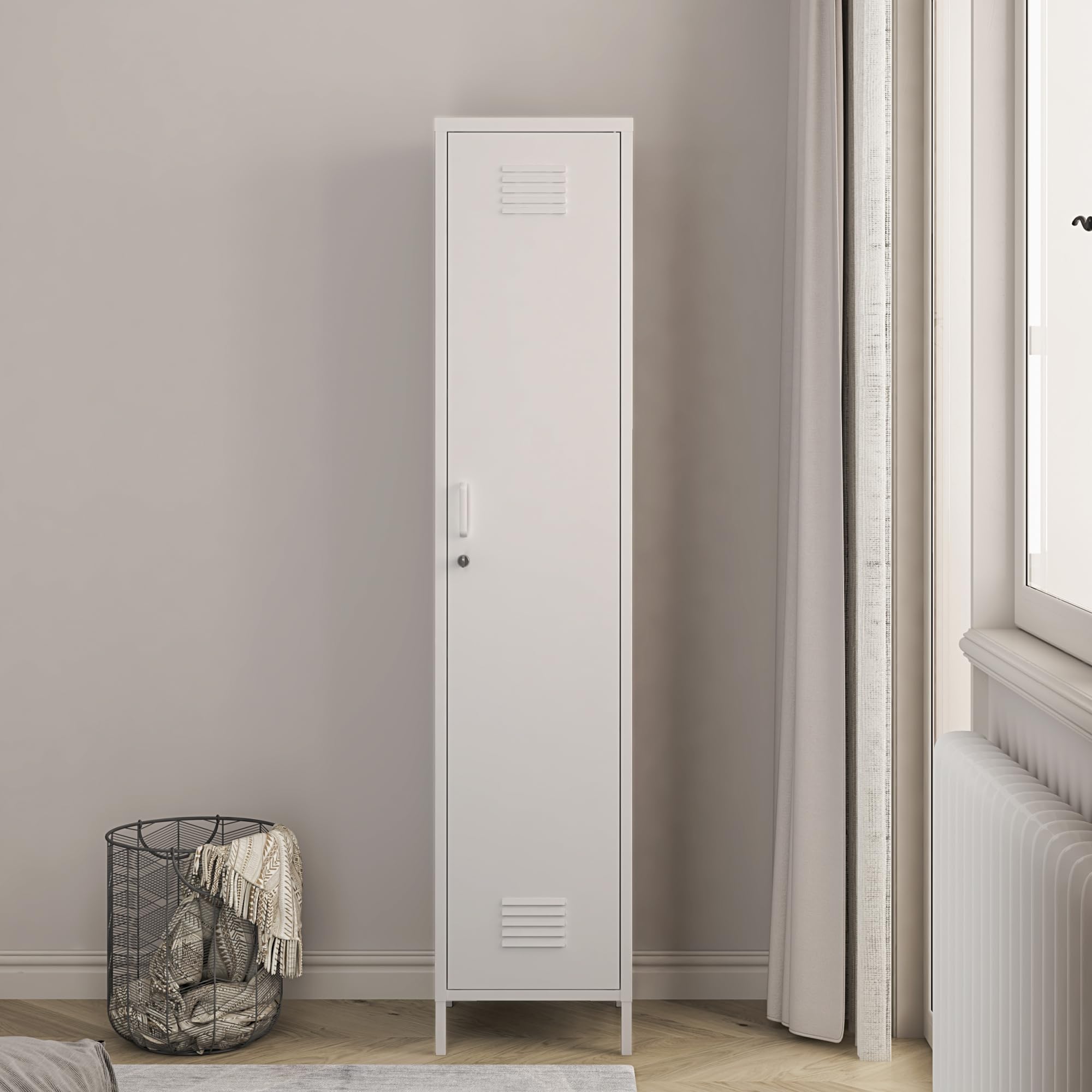 [en.casa] Armadio da Ufficio con Anta e Serratura Ripiani ad Altezza Regolabile Mobile in Acciaio da Spogliatoio con 3 Scomparti e Barra Porta Abiti 180 x 38 x 38 cm - Bianco