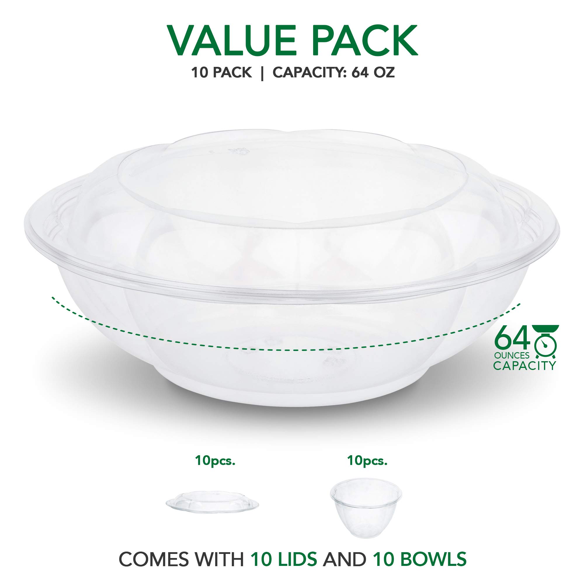 Plastic Salad Bowls with Lids (10 Count) 64 oz. Disposable Serving