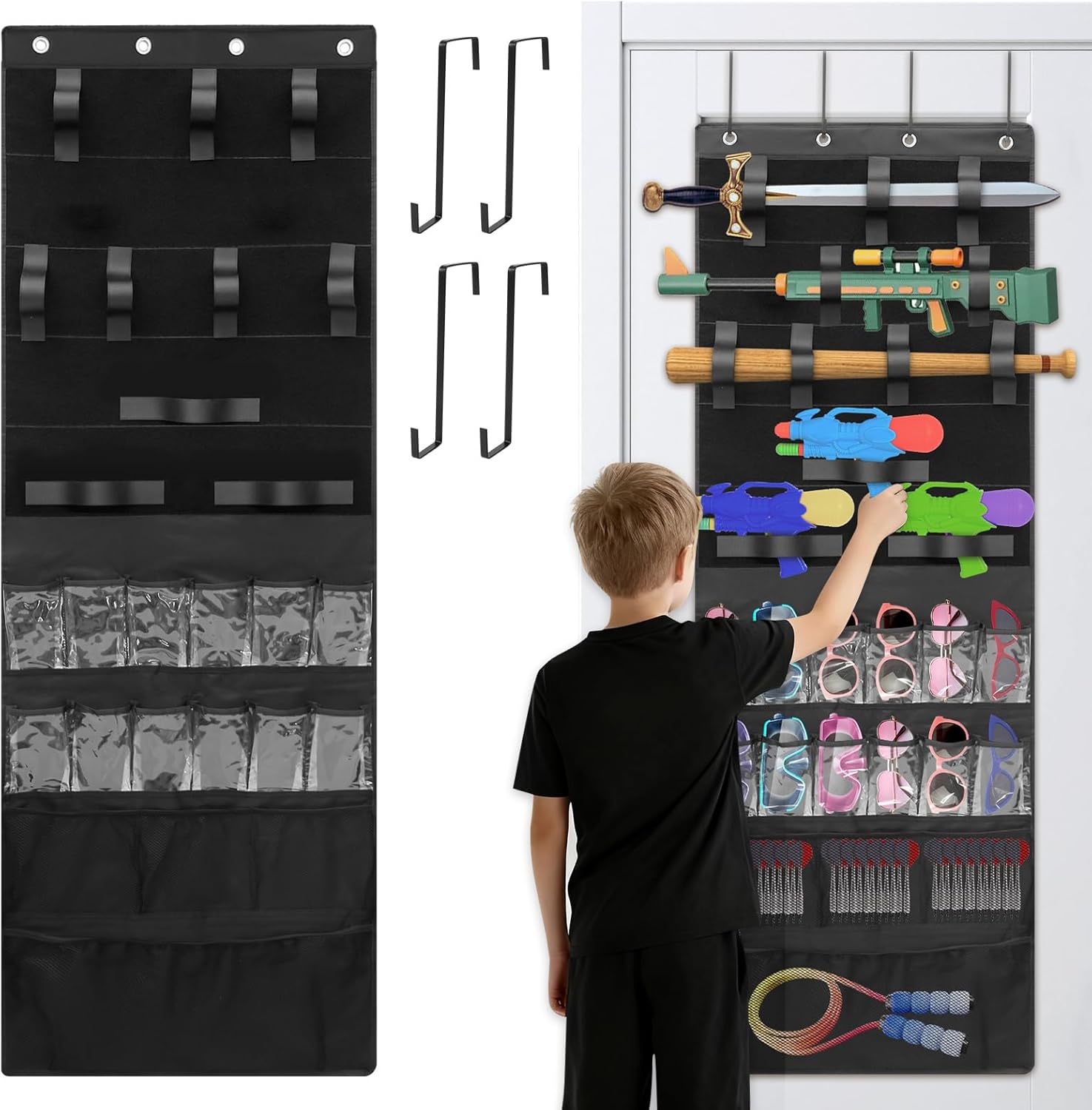 Over The Door Organizer for Toy Guns - Toys Storage Door Hanger with 16 Pockets and Slots for Foam Blasters, Darts, Goggles, Space Saving Toy Guns Storage Organizer for Room Game Rooms
