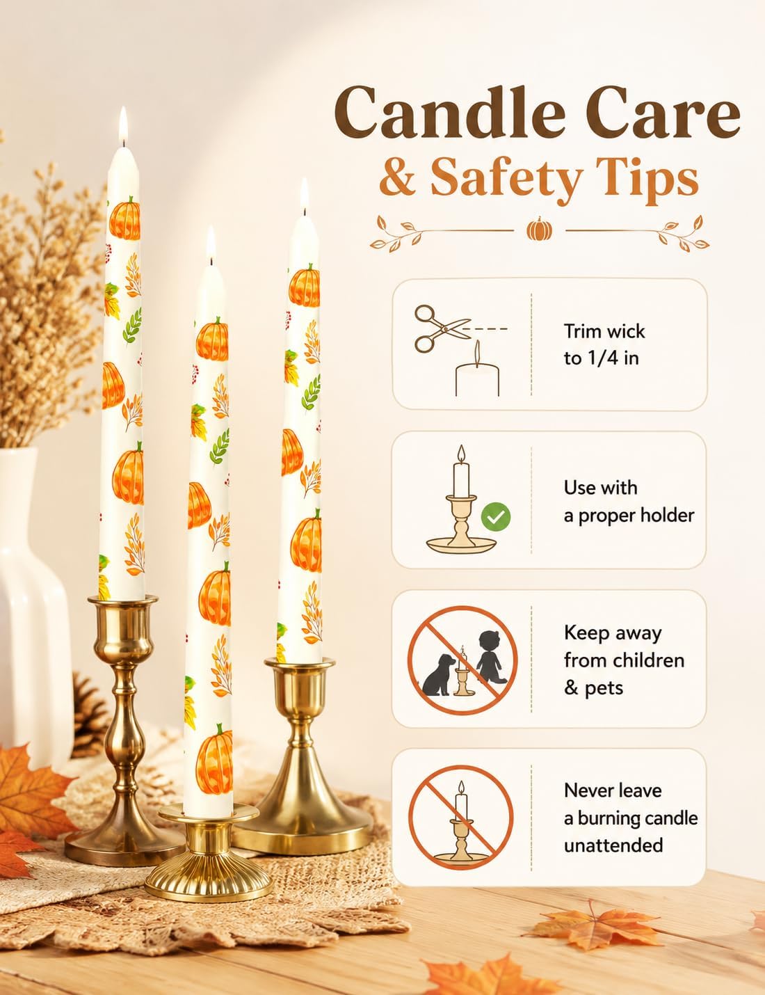 6 Pack Printed Taper Candle Set for Fall Home Decoration, 10 Inch Ivory Candlesticks with Pumpkin and Green Leaves Pattern for Dinner Holiday Seasonal Celebration, Dripless and Smokeless Candle