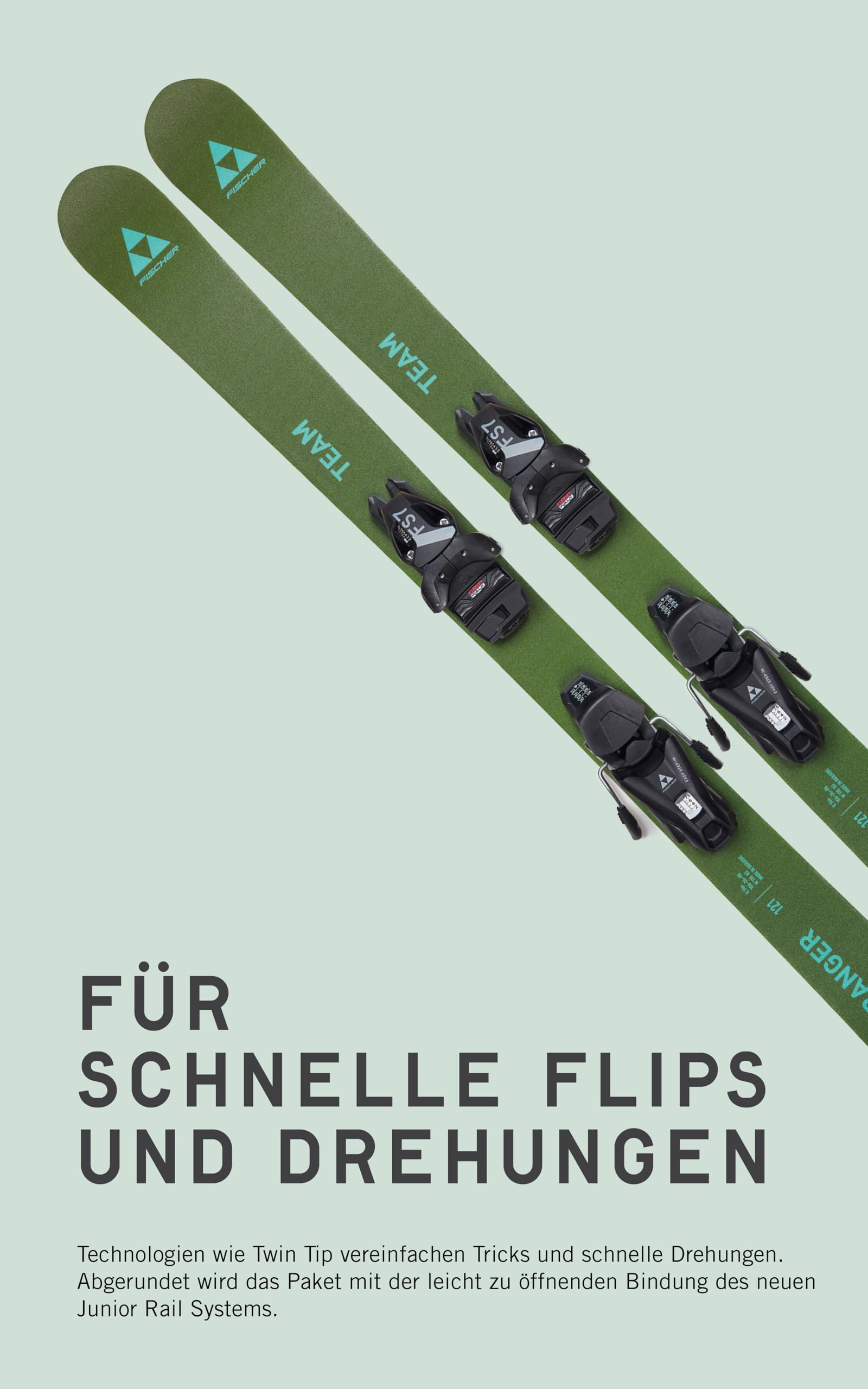 Fischer Kinder Skier Ranger Team JRS 101 cm - Für schnelle Flips und Drehungen, Identische Fahreigenschaften Regular und Fakie, Oliv