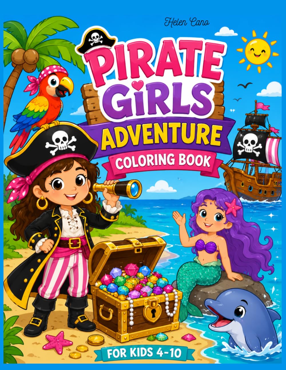 Pirate Girls Adventure Coloring Book for Kids Ages 4–10: Fun Pirate Ships, Treasure Hunts & Ocean Adventures with animals and pirate's crew
