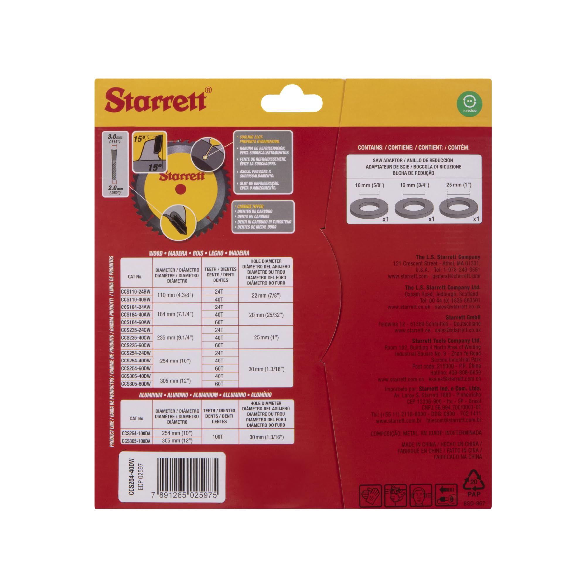Starrett Lame de scie circulaire TCT 254 mm pour bois, 40 dents, alésage 16/19/25/30 mm