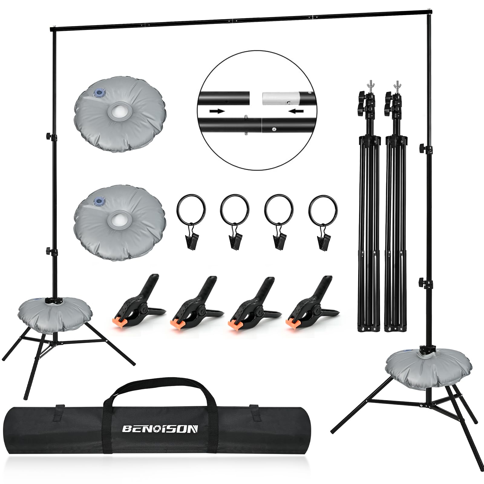 Backdrop Stand - 10x7ft(WxH) Photo Studio Adjustable Background Stand Support kit with 4 Crossbars, 8 Clips, 2 Waterbags and Carry Bag for Parties,