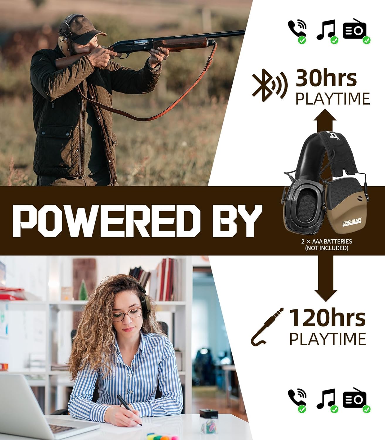 PROHEAR 030 Bluetooth Shooting Ear Protection with Gel Pads, Slim Noise Cancelling Earmuffs, NRR 22dB for Hunting & Tactical Gun Range - BROWN - Image 5