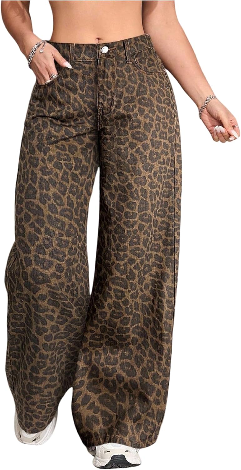 SHENHE Girl's Low Rise Baggy Jeans Leopard Print Wide Leg Y2k Loose Cheetah Jeans Denim Pants