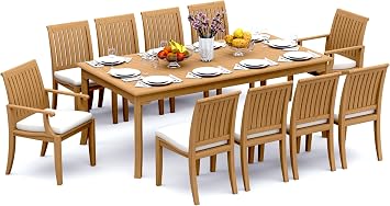 10 Seats 11 Pcs Grade-A Teak Wood Dining Set 83" Rectangle Table and 10 Lagos Chairs 2 Arm & 8 Armless Chairs #11LG1802