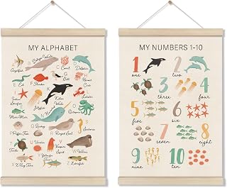 DOI-LANEE Alphabet Numbers Poster Hanger Frame, Kids Educational Posters 16x12 Inch, Set of 2 Ocean Room Decor, Alphabet Chart for Preschool Classroom, Montessori ABC Learning, Sea Life Decor