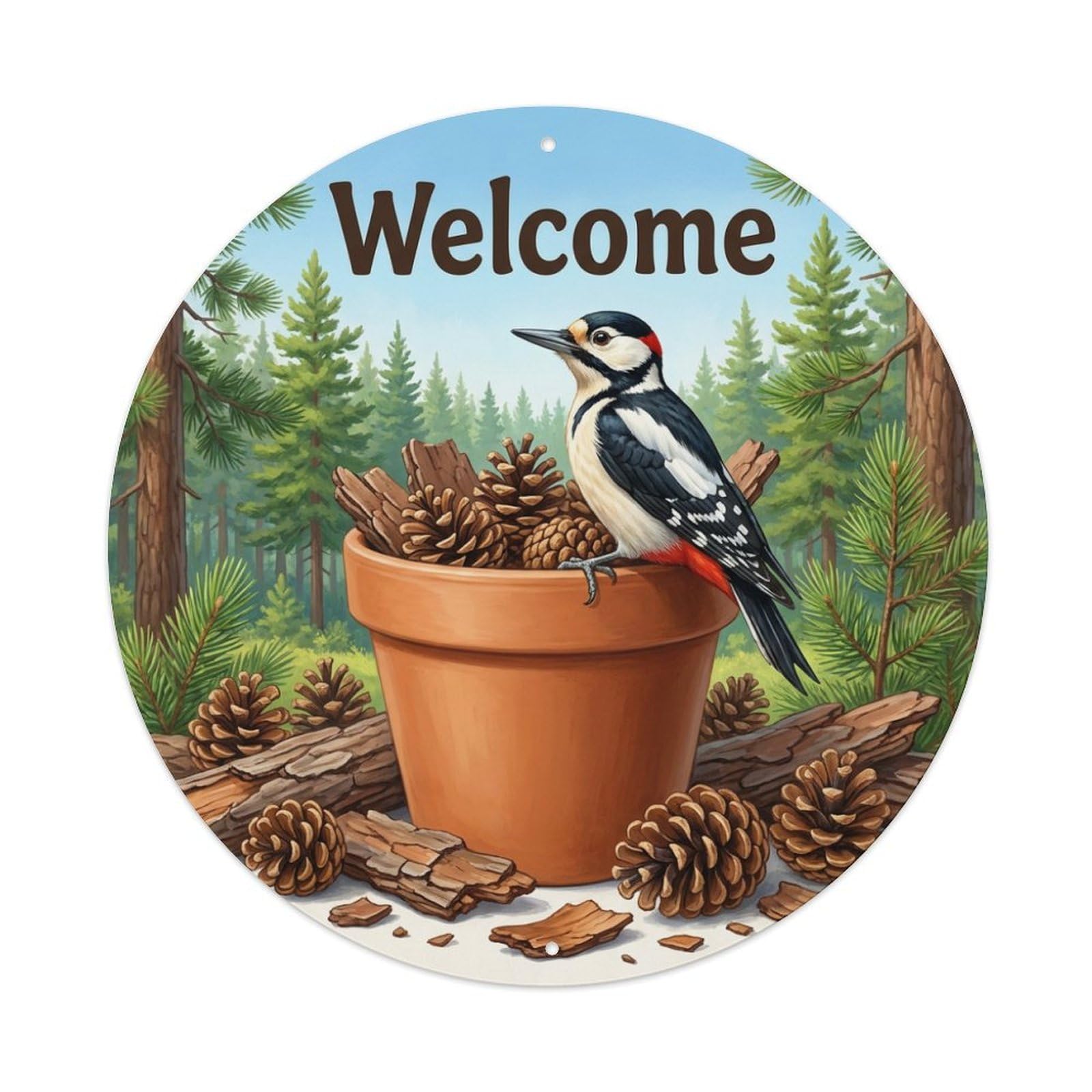Welcome Woodpecker Pine Tree Metal Tin Sign