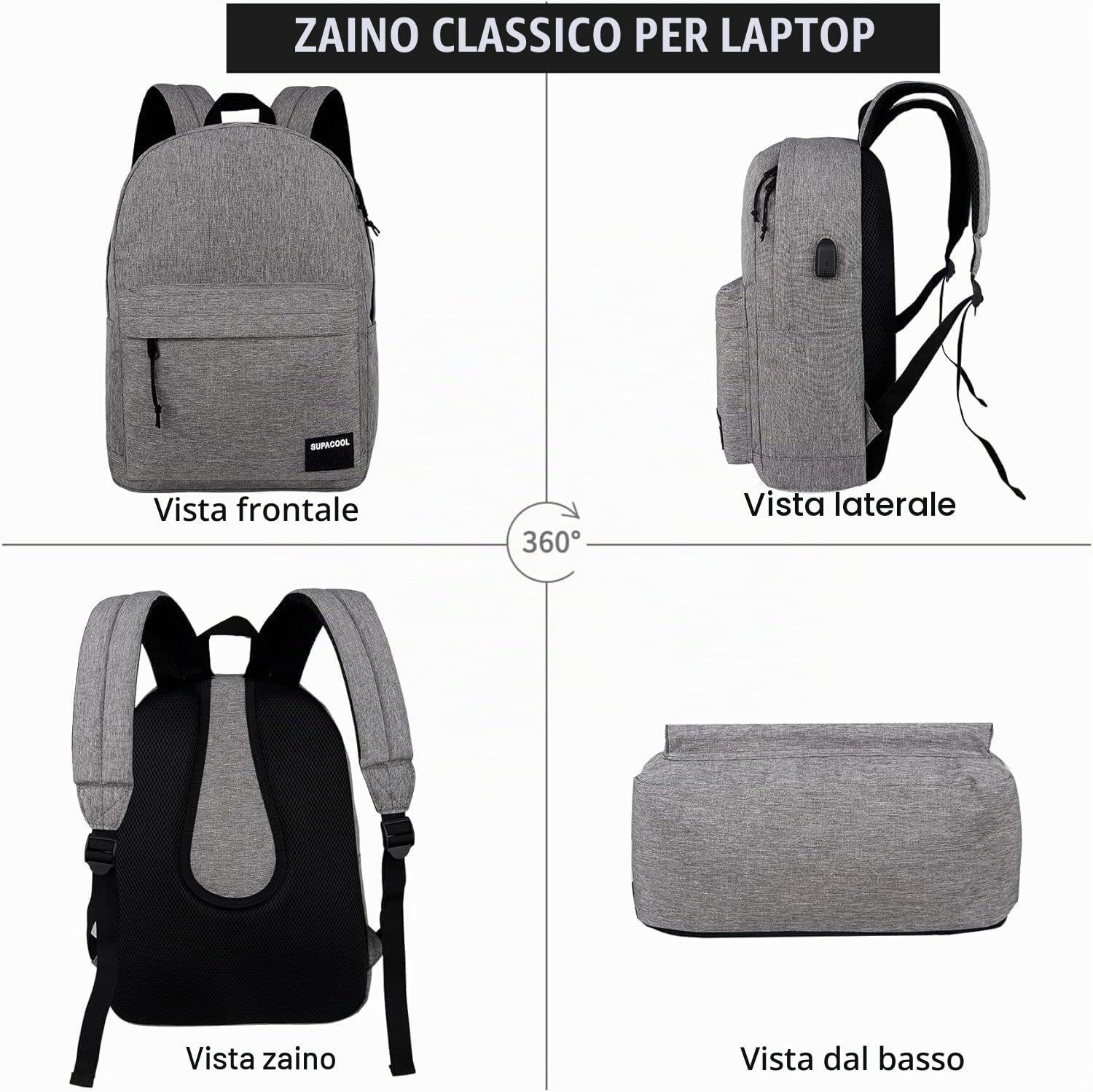 SUPACOOL Zaino leggero e casual con porta di ricarica USB per uomini e donne, borsa per libri di scuola per college, Big Size, laptop(Light Grey)