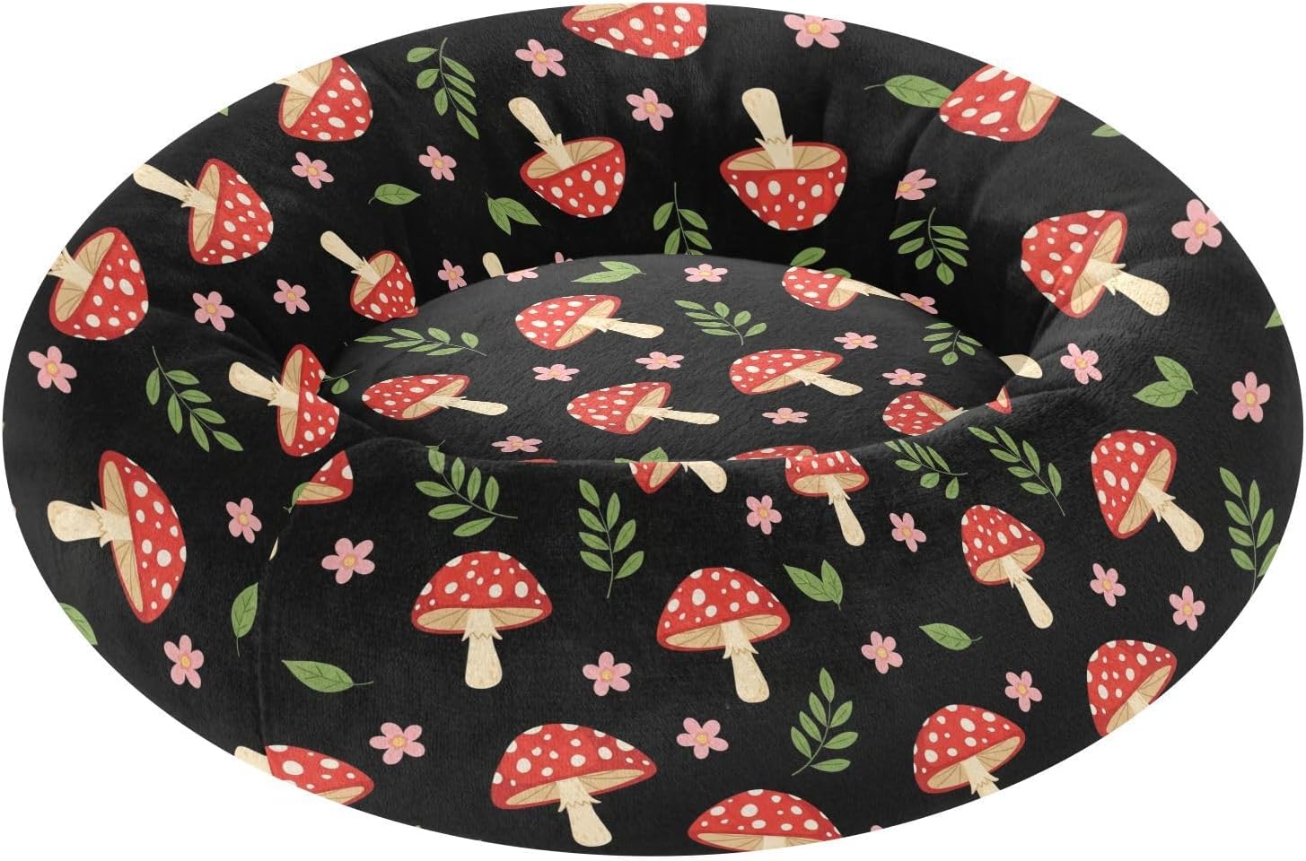 Black Mushrooms Flowers Pattern Dog Bed Round Small Medium Dog Beds Pet Cat Bed Washable Puppy Kitten Beds for Small Medium Dogs Cats,M