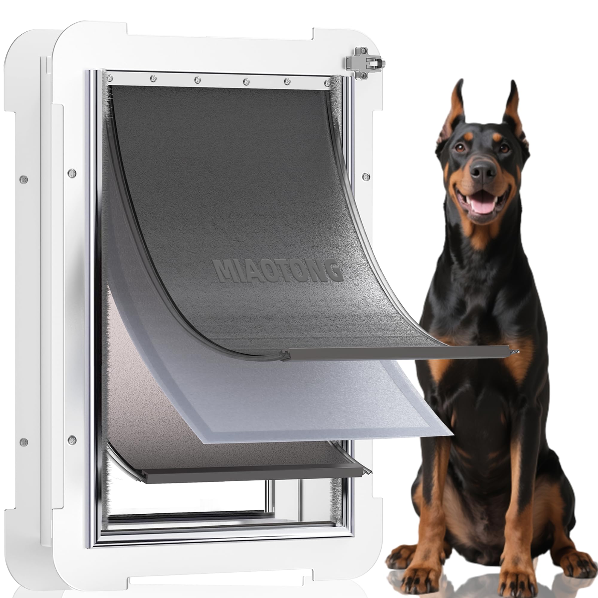 3-Flaps Never Rust Extra Large Dog Door for Door with Sliding Lock Panel, Steel Frame and Telescoping Tunnel, Extreme Weather Durable XL Dog Doors for Door (Pets Up to 220 Lbs)