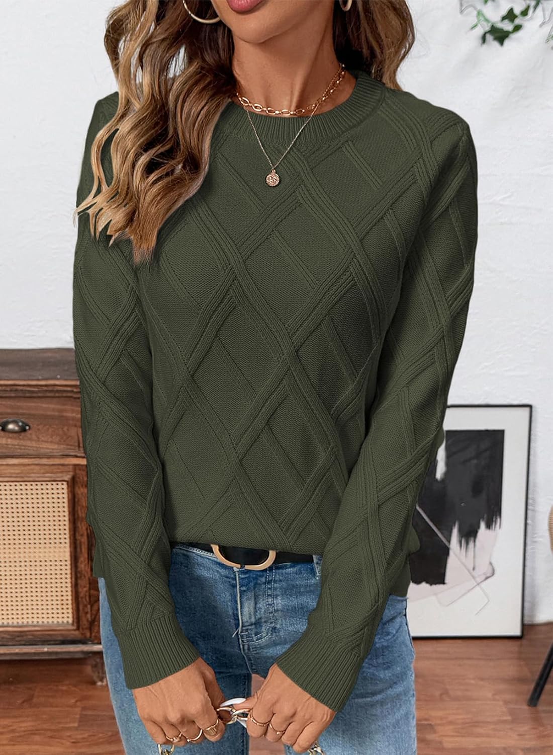 SHEWIN Womens Sweaters Crewneck Cable Knit Sweater Long Sleeve Fall Tops for Women 2025