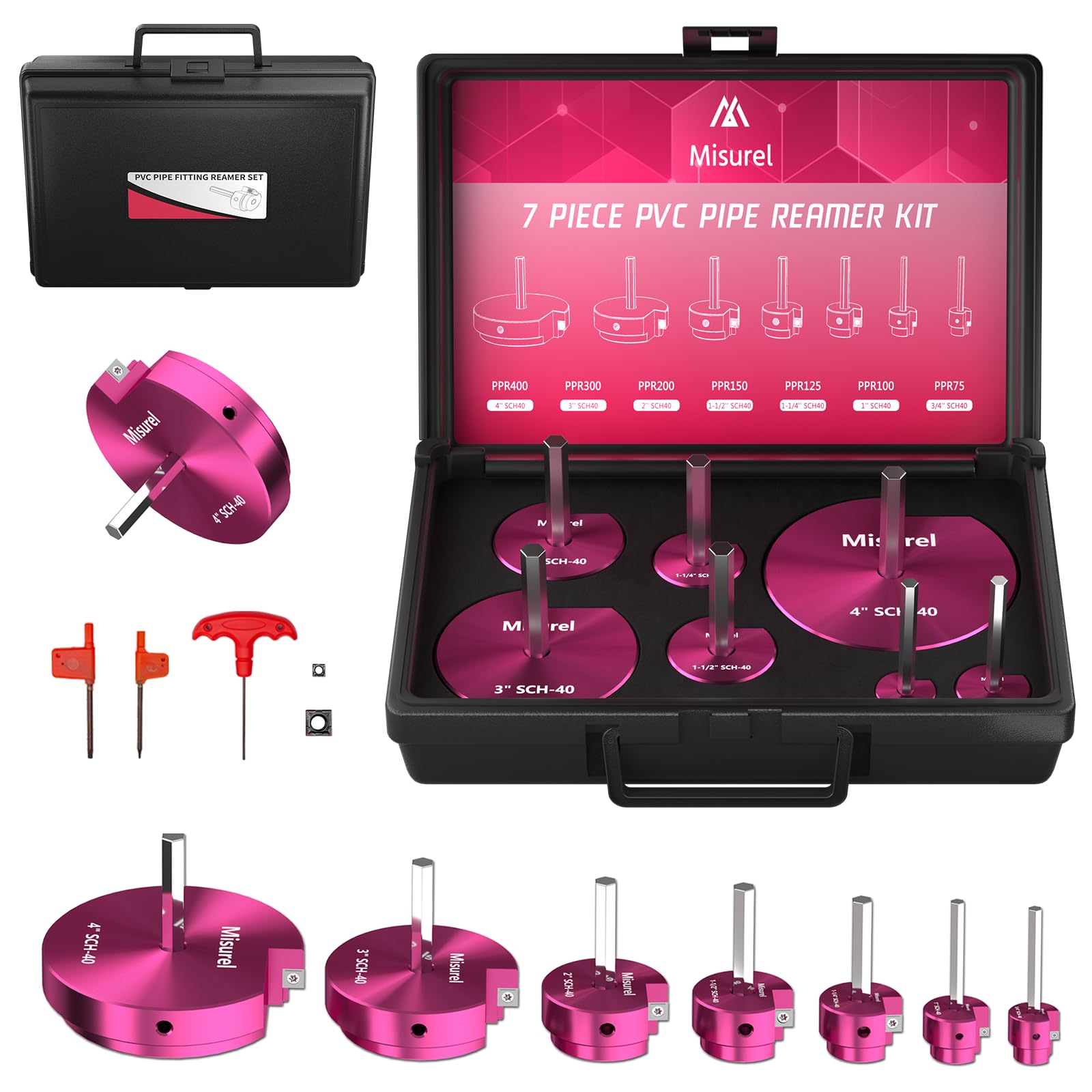 7 Pcs PVC Pipe Reamer Kit With 3/4 inch, 1 inch, 1-1/4inch,1-1/2inch, 2inch, 3inch, 4inch, 2 Carbide Inserts, Aluminum PVC Fitting Saver, Plumbing tools for SCH40