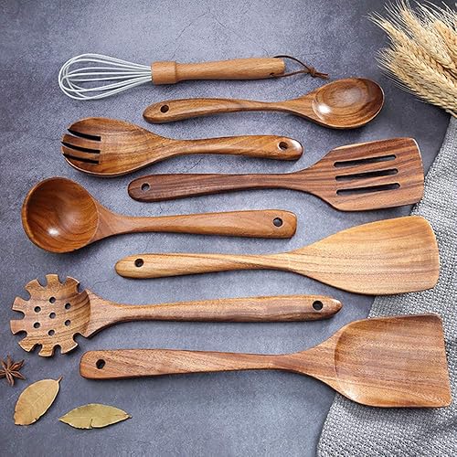 Miniatura 6 de Utensilios de Cocina de Teca, Utensilios de Cocina de Madera para Sopa, Cuchara de Sazonar, Cuchara de Sumersión, Cuchara para Aceite, Cuchara para