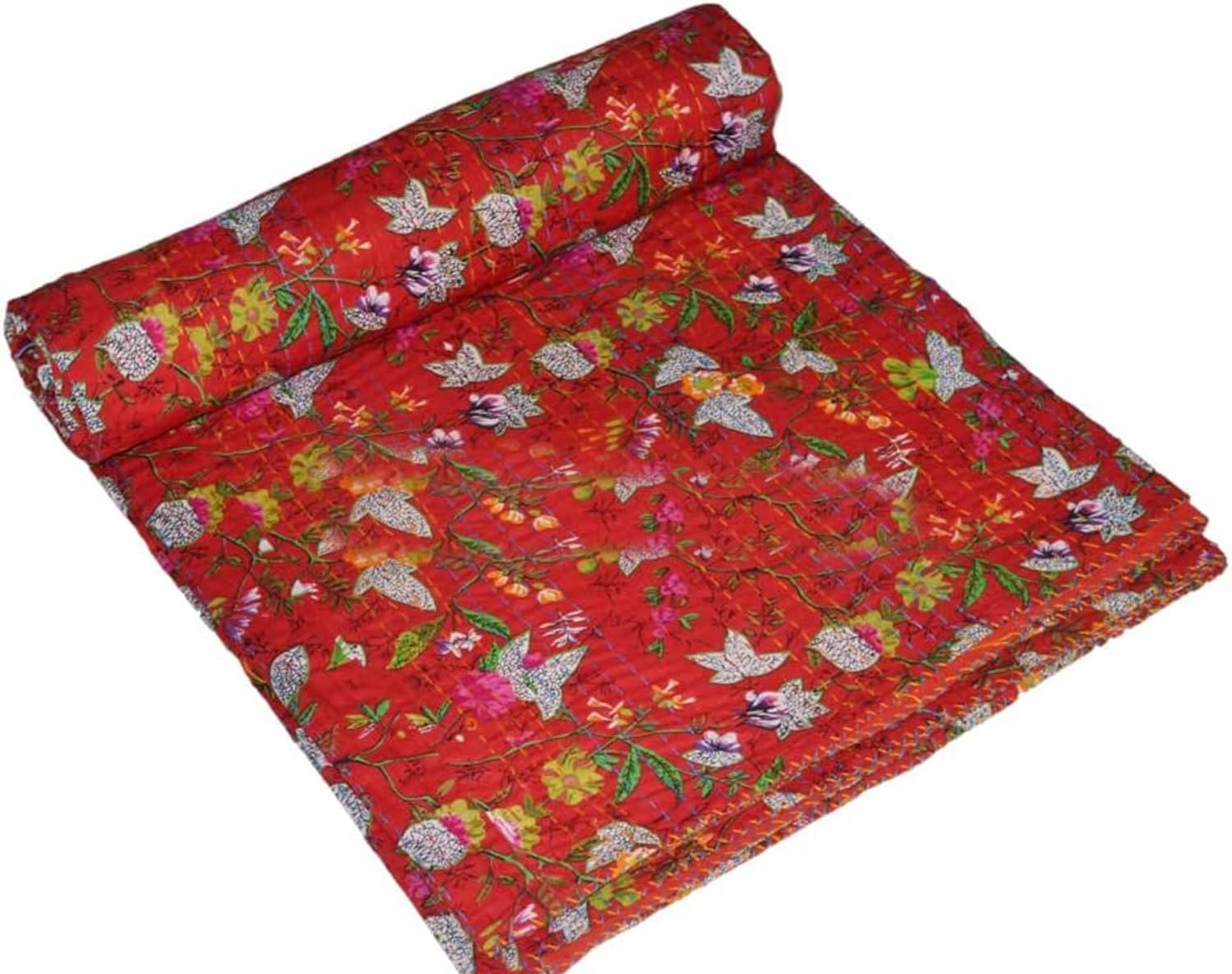 Courtepointes réversibles en coton bio Queen Size - Courtepointes Kantha vintage faites à la main - Couverture traditionnelle Queen Size - Couette en coton d'Inde