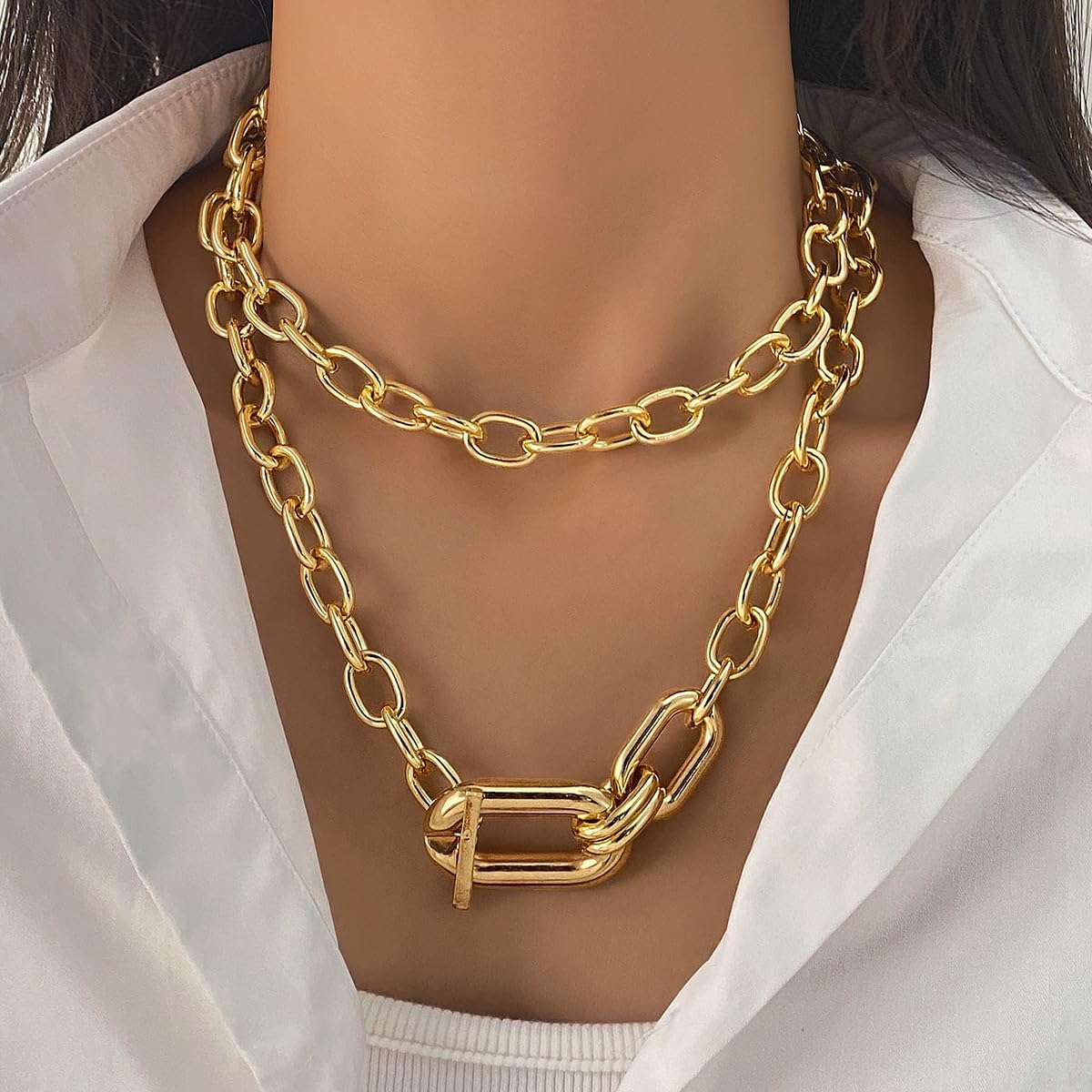 Chunky Gold Necklace Layered Cuban Chain Statement Necklace Paperclip Toggle Clasp Necklace Punk Hip Hop Oval Carabiner Necklace Fashion Jewelry Accessories for Women image 2