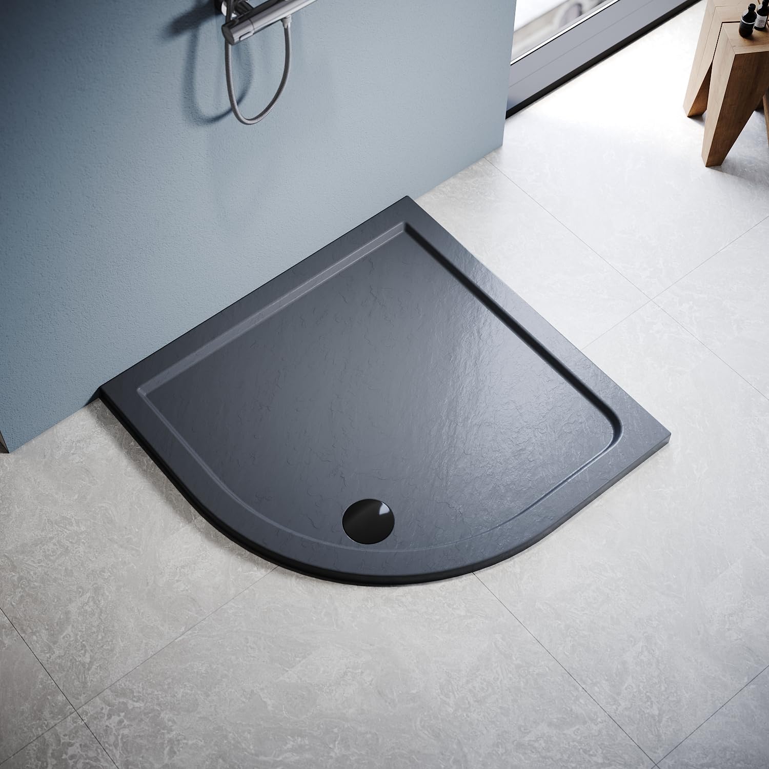 ZANOFIRA 900 x 900mm Quadrant Shower Tray Grey Stone Effect Anti-Slip Slimline 40mm Low Profile Shower Base with 90mm Waste Trap for Corner Shower Enclosure Wet Room