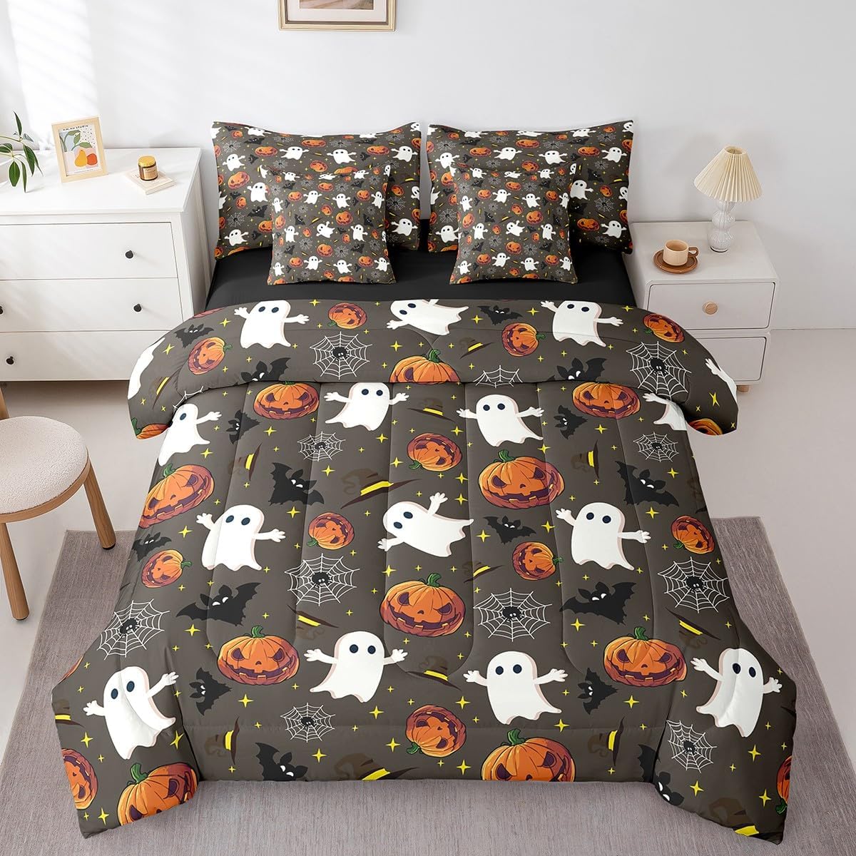 Feelyou Halloween Themed Comforter Queen Size 7 Pieces for Kids Cute Ghost Bat Bedding Set Spider Web Pumpkin Lantern Outer Space Bed in a Bag with Comforter, Sheets, Pillowcases & Cushion Cover