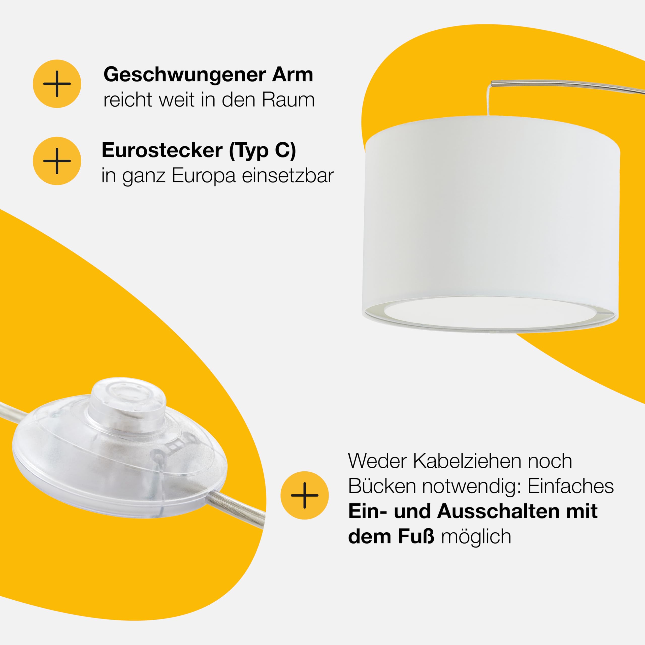 Brilliant Lampe Clarie Bogenstandleuchte 1, 8m eisen/weiß | 1x A60, E27, geeignet für Normallampen (nicht enthalten) | Mit Fußschalter